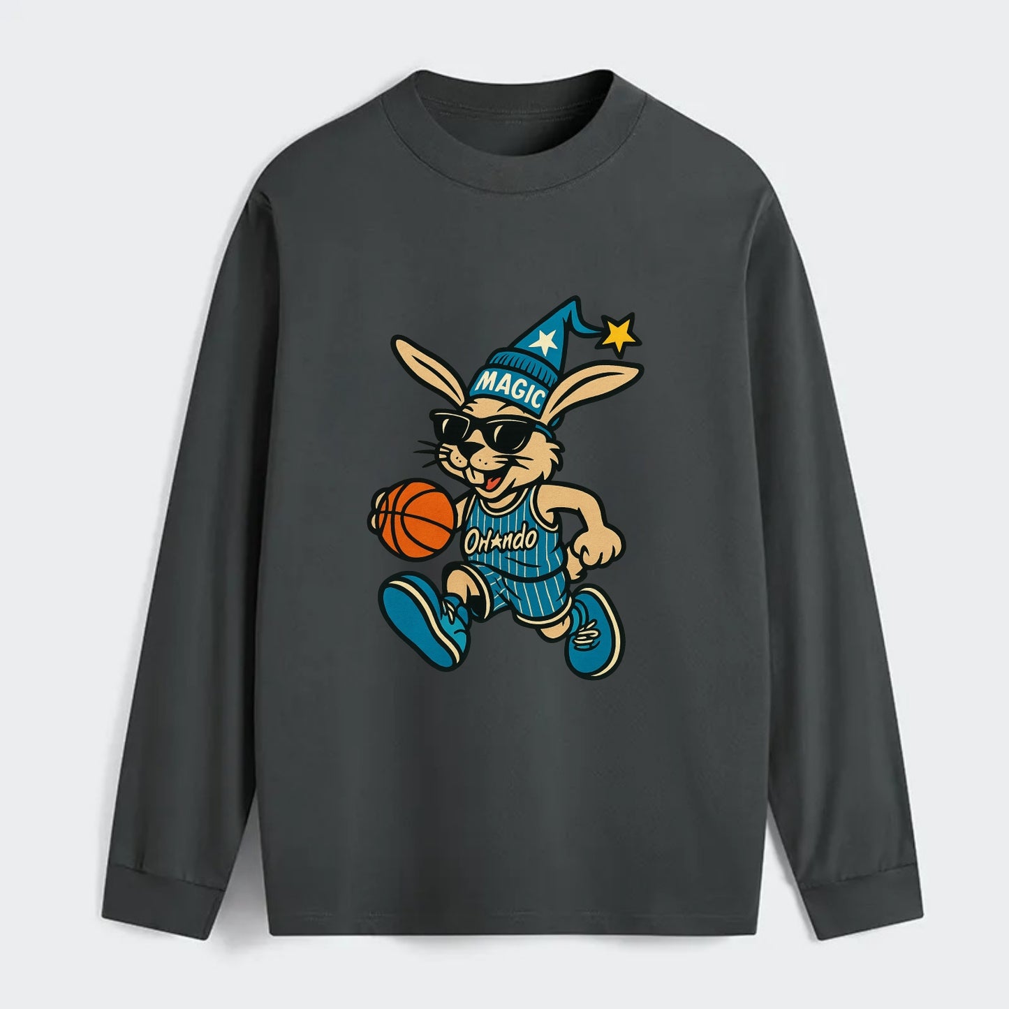 Orlando Rabbit wearing Magic blue and silver beanie with wizard hat and - Classic Long Sleeve Shirt - Gray