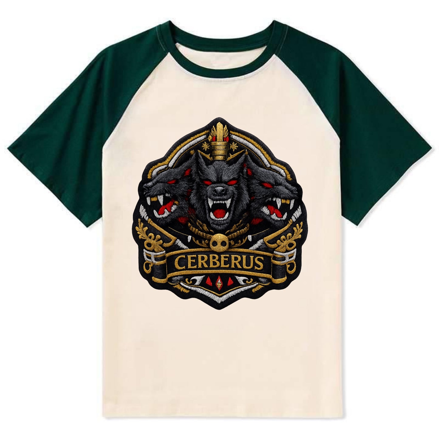 CERBERUS THREE HEADS - triple hound in black and red , underworld - Contrast Raglan T-shirt - Green