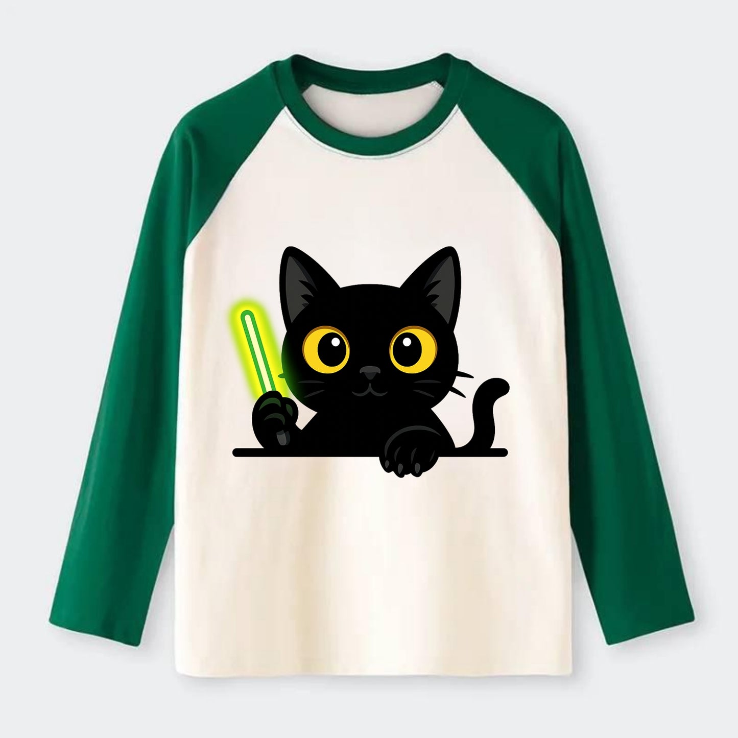 Midnight the black cat fist bumping the viewer with right paw extended. - Raglan Long Sleeve T-Shirt - Green