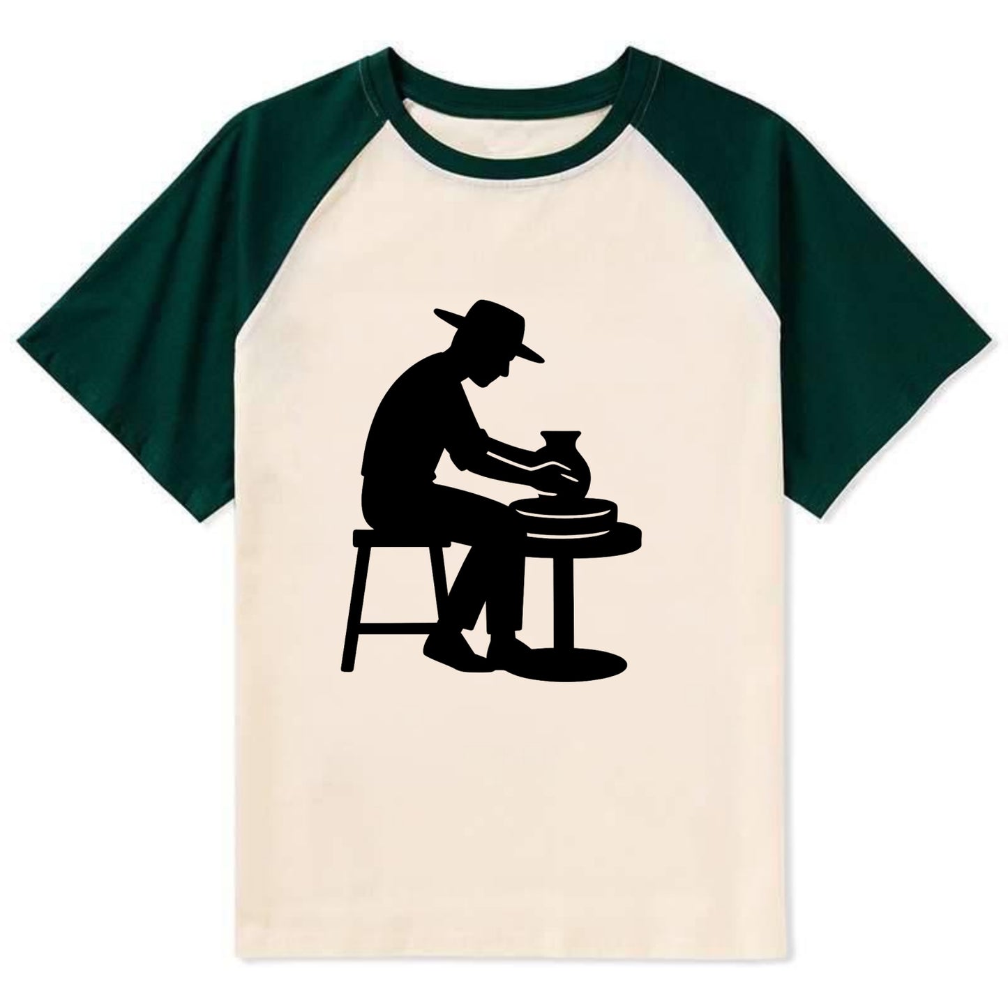 Potter shaping clay on wheel - Contrast Raglan T-shirt - Green