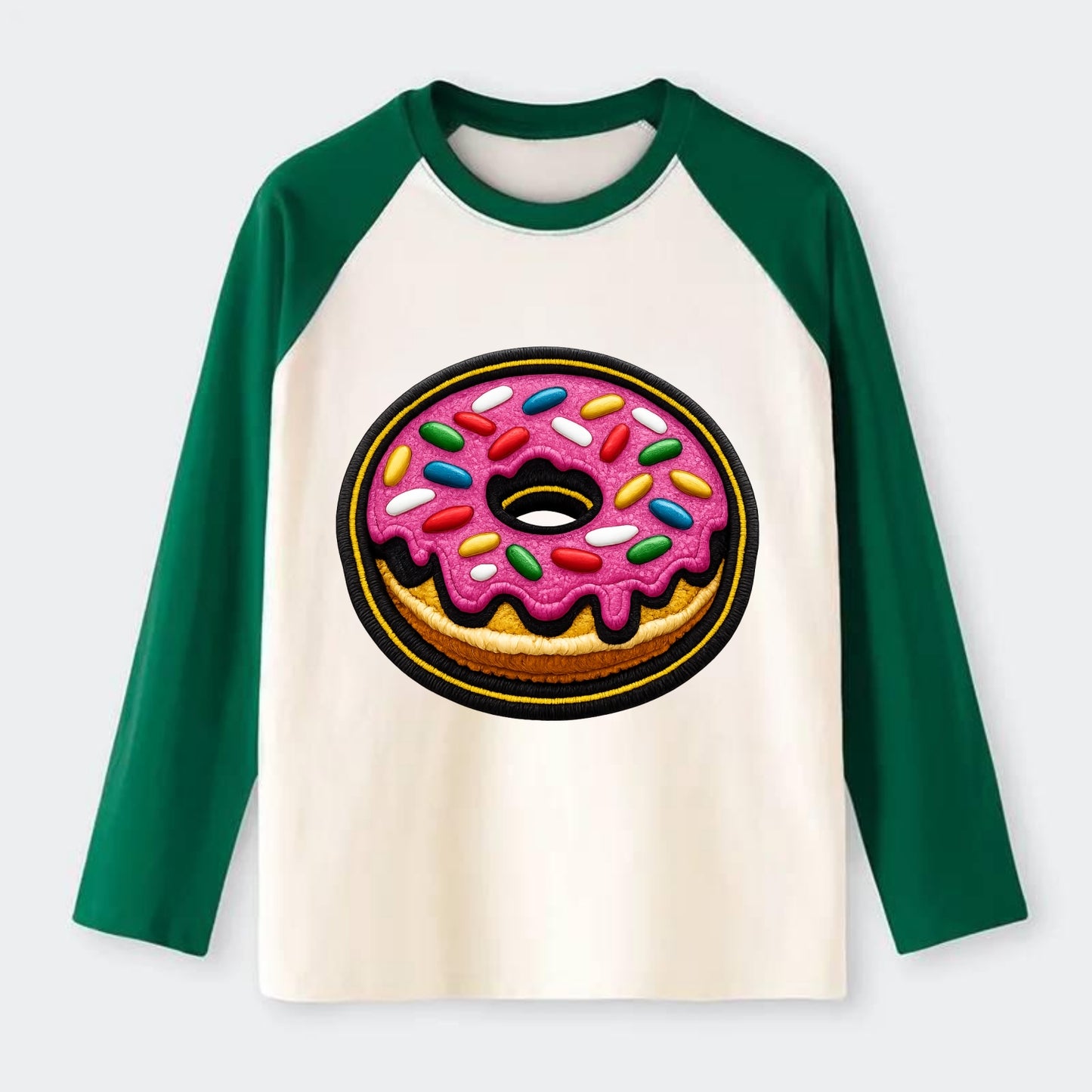 DONUT SPRINKLES - glazed donut with sprinkles in pink and rainbow , - Raglan Long Sleeve T-Shirt - Green
