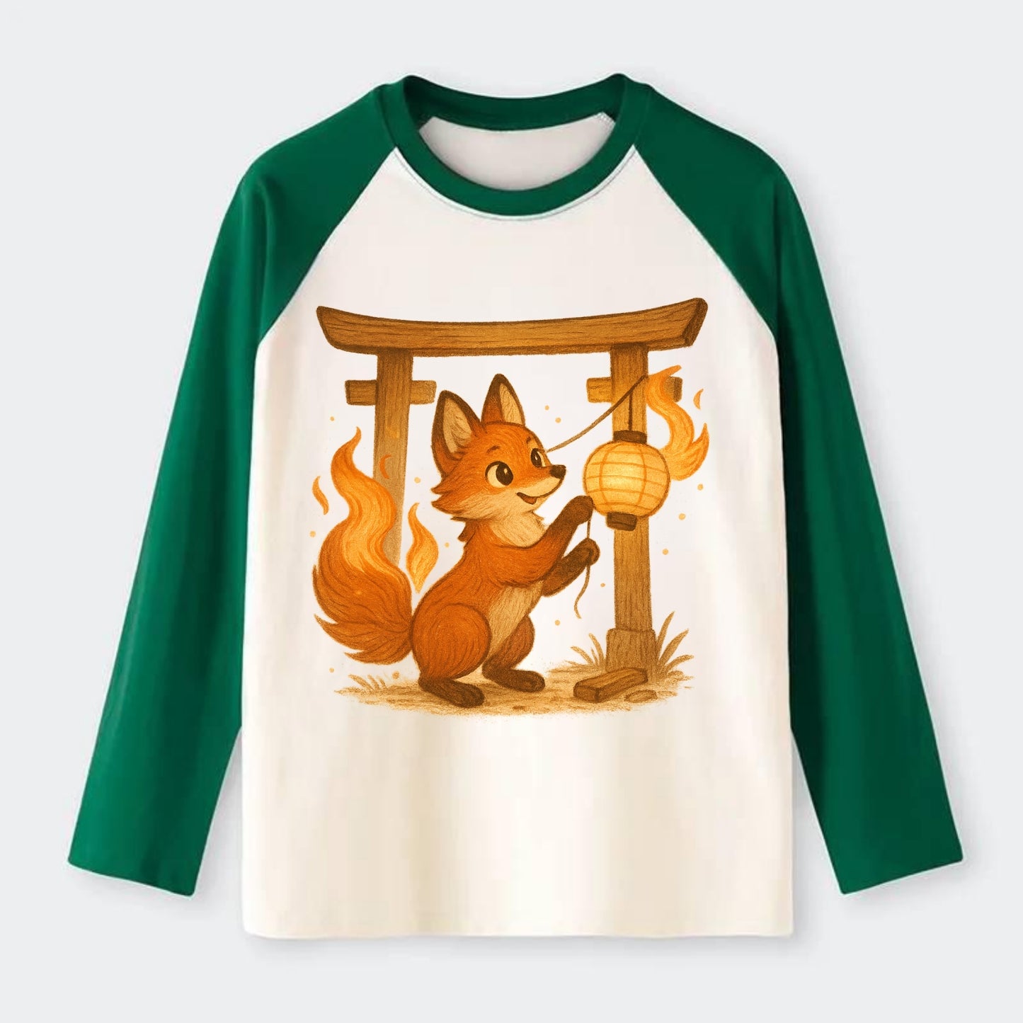 Foxfire kitsune stringing lanterns along a torii gate with tails of - Raglan Long Sleeve T-Shirt - Green
