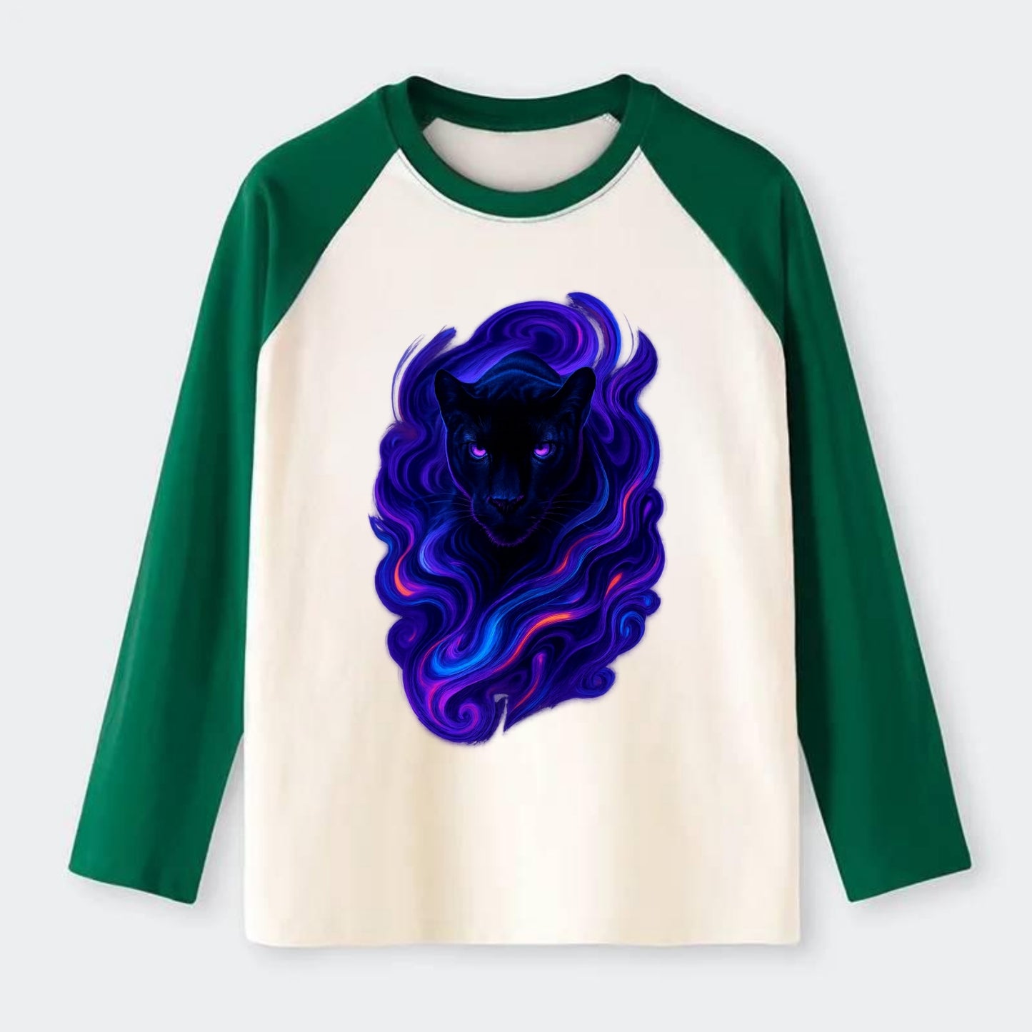 Sleek black panther emerging from swirls of deep purple and electric - Raglan Long Sleeve T-Shirt - Green