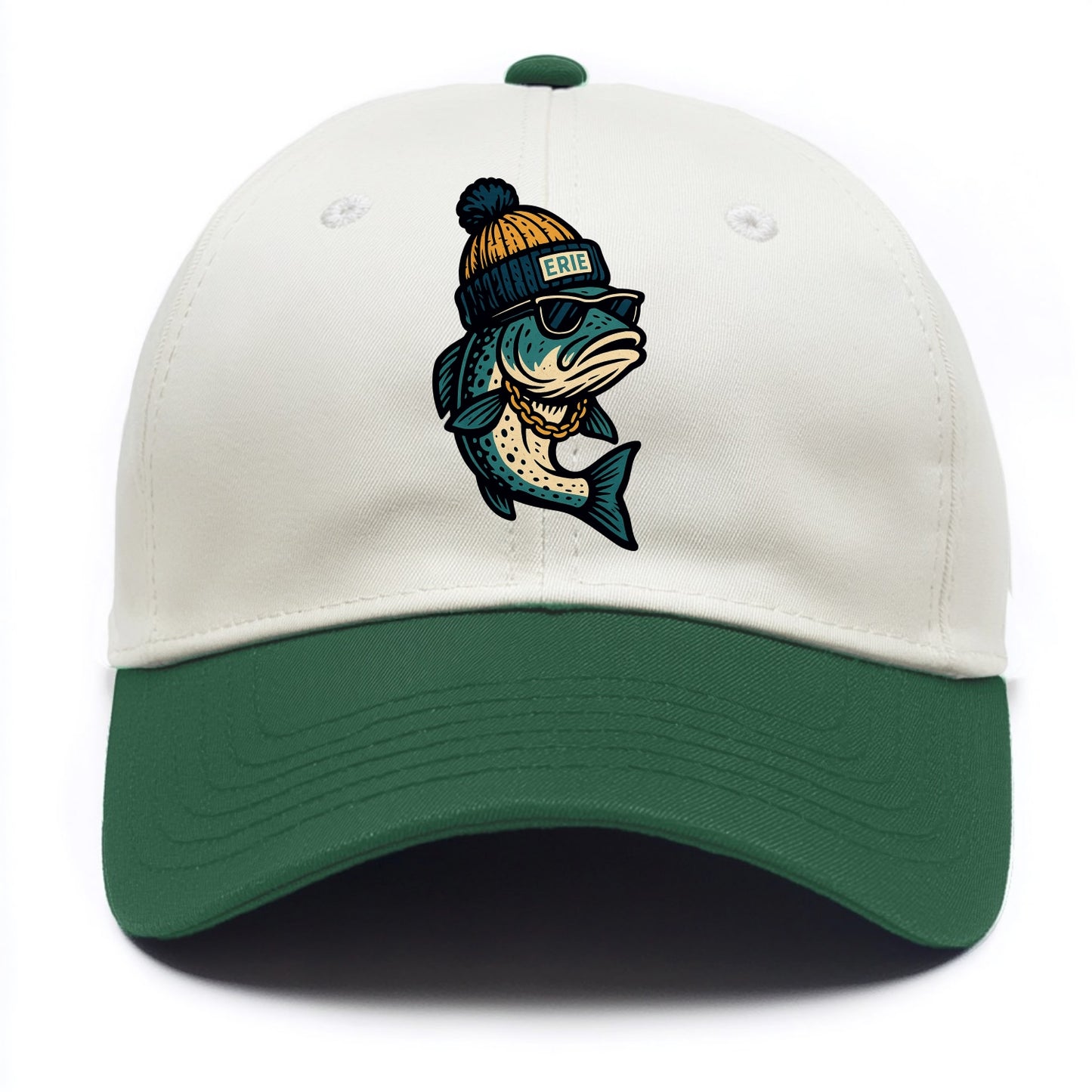 Erie Lake Trout wearing Erie beanie with - Two Tone Cap - Green