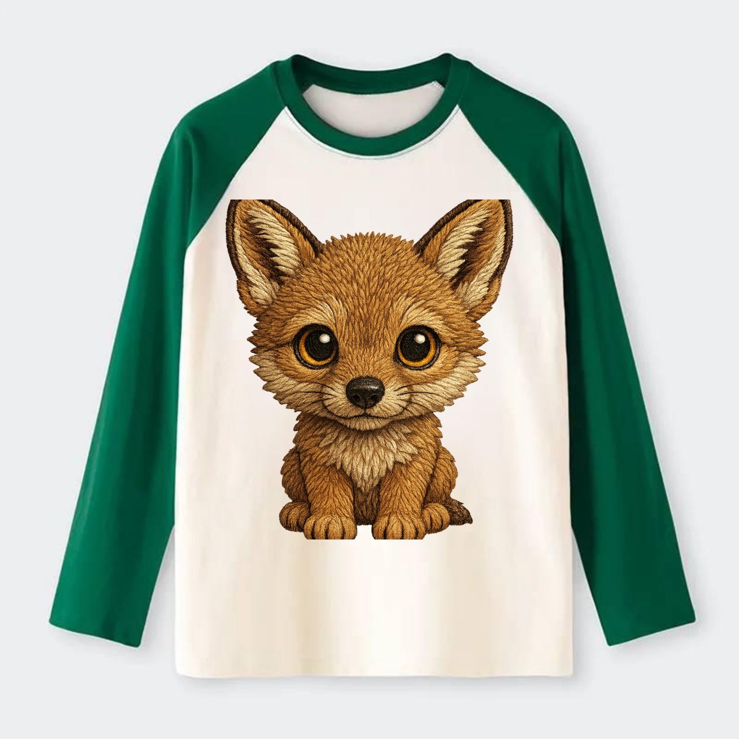 Baby Coyote Pup - tan fur, large ears, golden eyes, front-facing, - Raglan Long Sleeve T-Shirt - Green