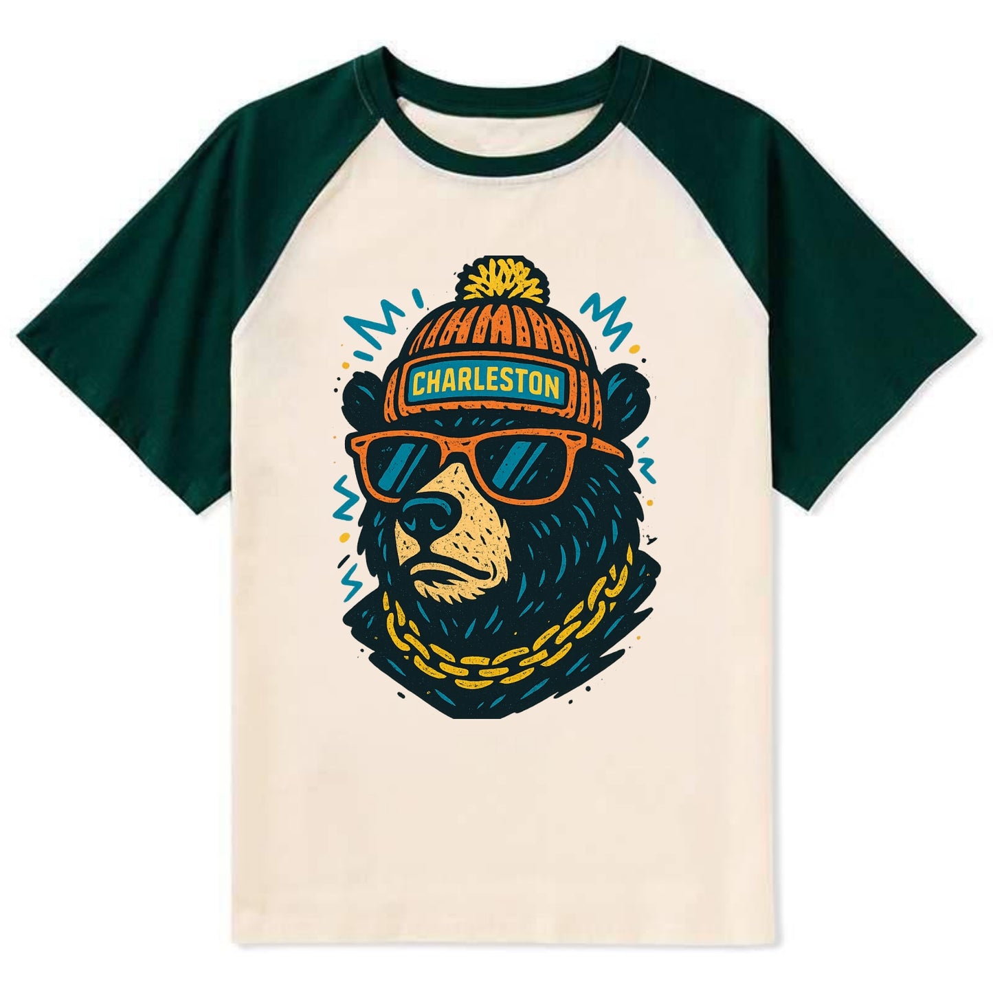 West Virginia Black Bear wearing Charleston beanie with pom pom and - Contrast Raglan T-shirt - Green