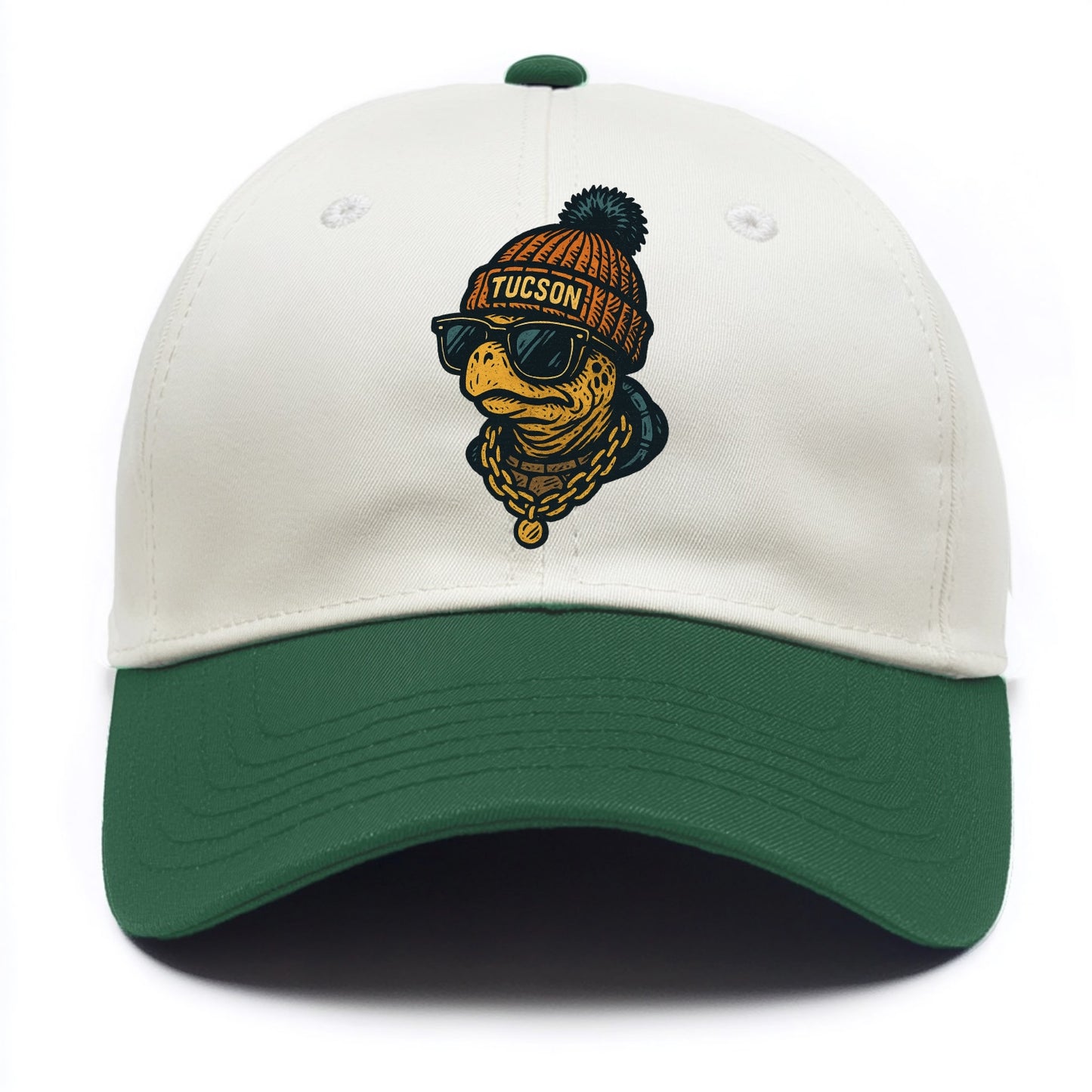 Tucson Desert Tortoise wearing Tucson beanie with pom pom and wayfarer sunglasses - Two Tone Cap - Green