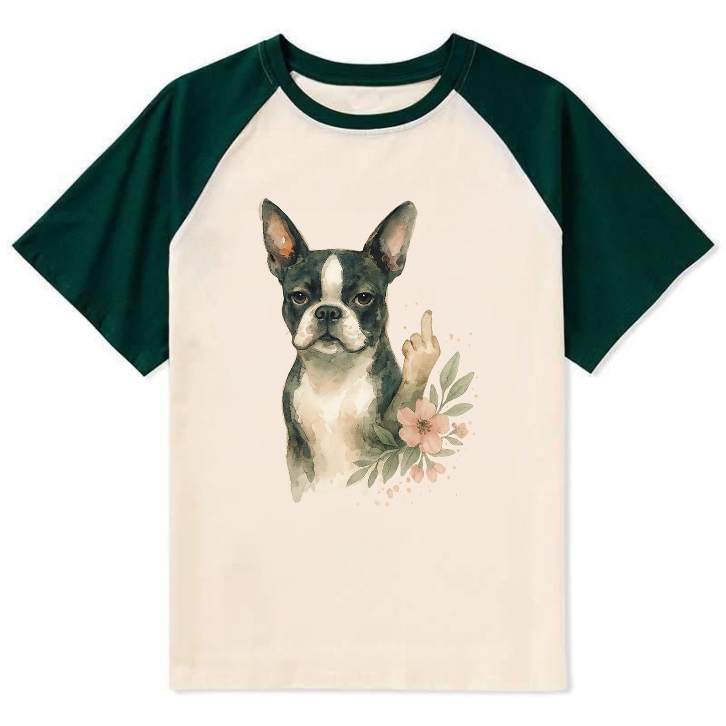 Boston Terrier with tuxedo markings, perky ears, paw up giving sass - Contrast Raglan T-shirt - Green