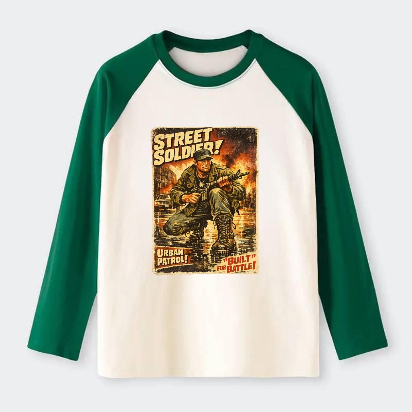 COMBAT READY | Military boots on wet pavement | Street soldier | Urban - Raglan Long Sleeve T-Shirt - Green