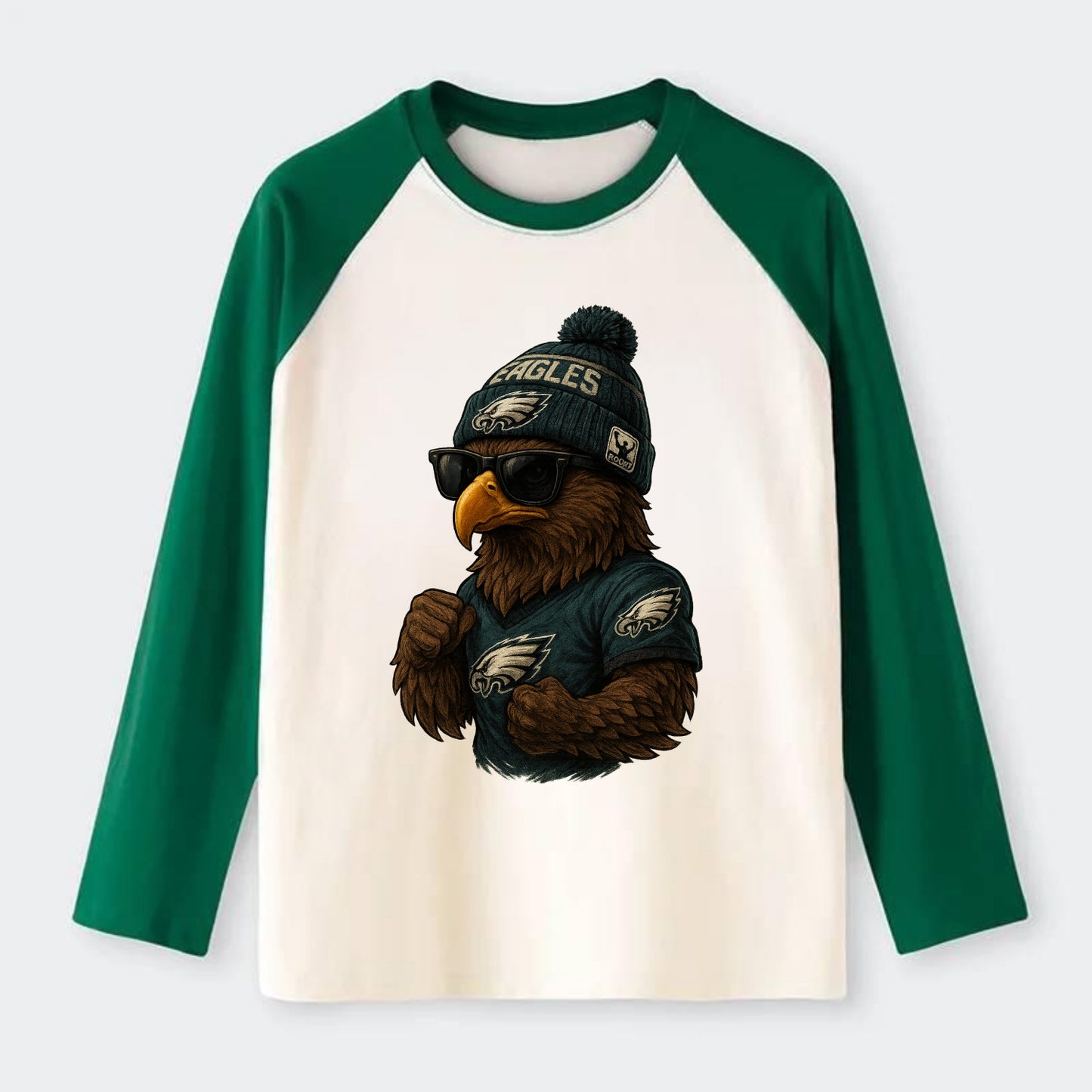 Philly Hawk wearing Eagles beanie with Rocky patch and wayfarer - Raglan Long Sleeve T-Shirt - Green
