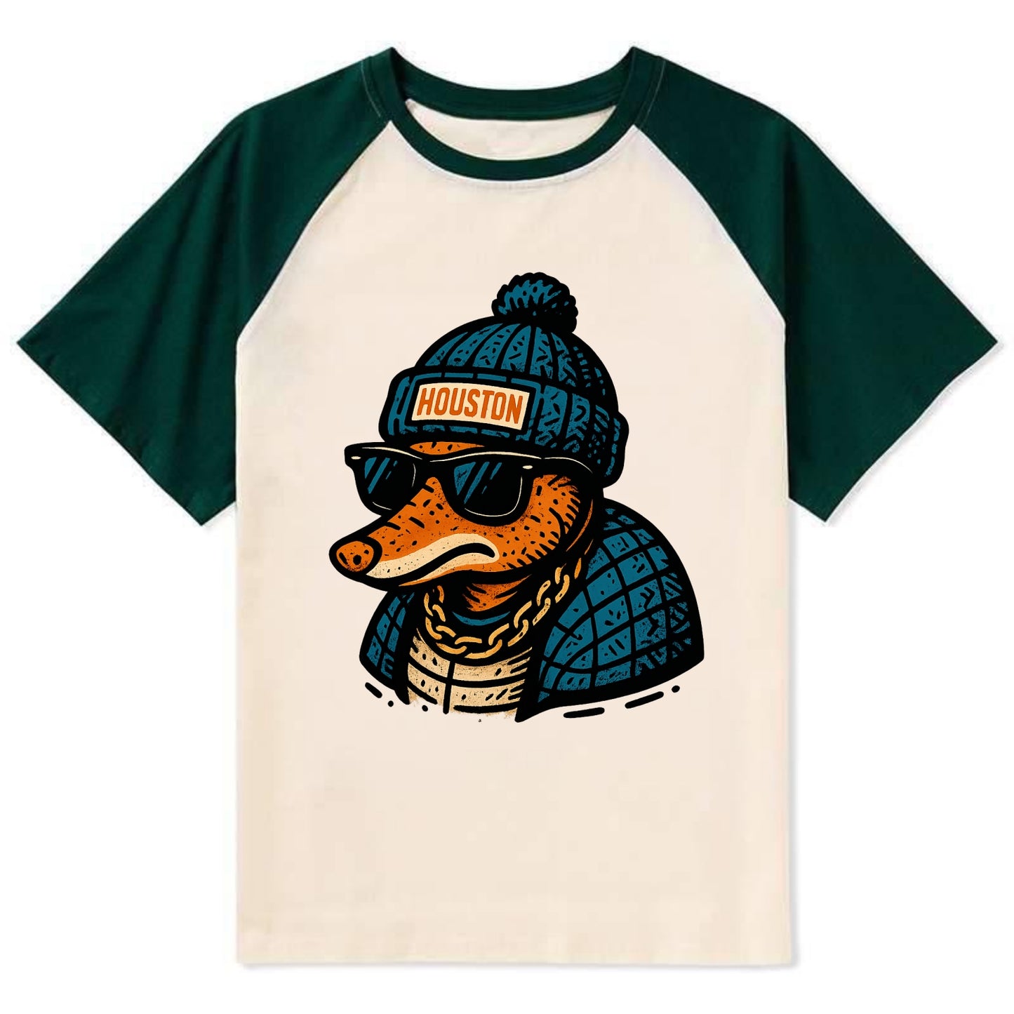 Houston Armadillo wearing Houston beanie with pom pom and wayfarer - Contrast Raglan T-shirt - Green