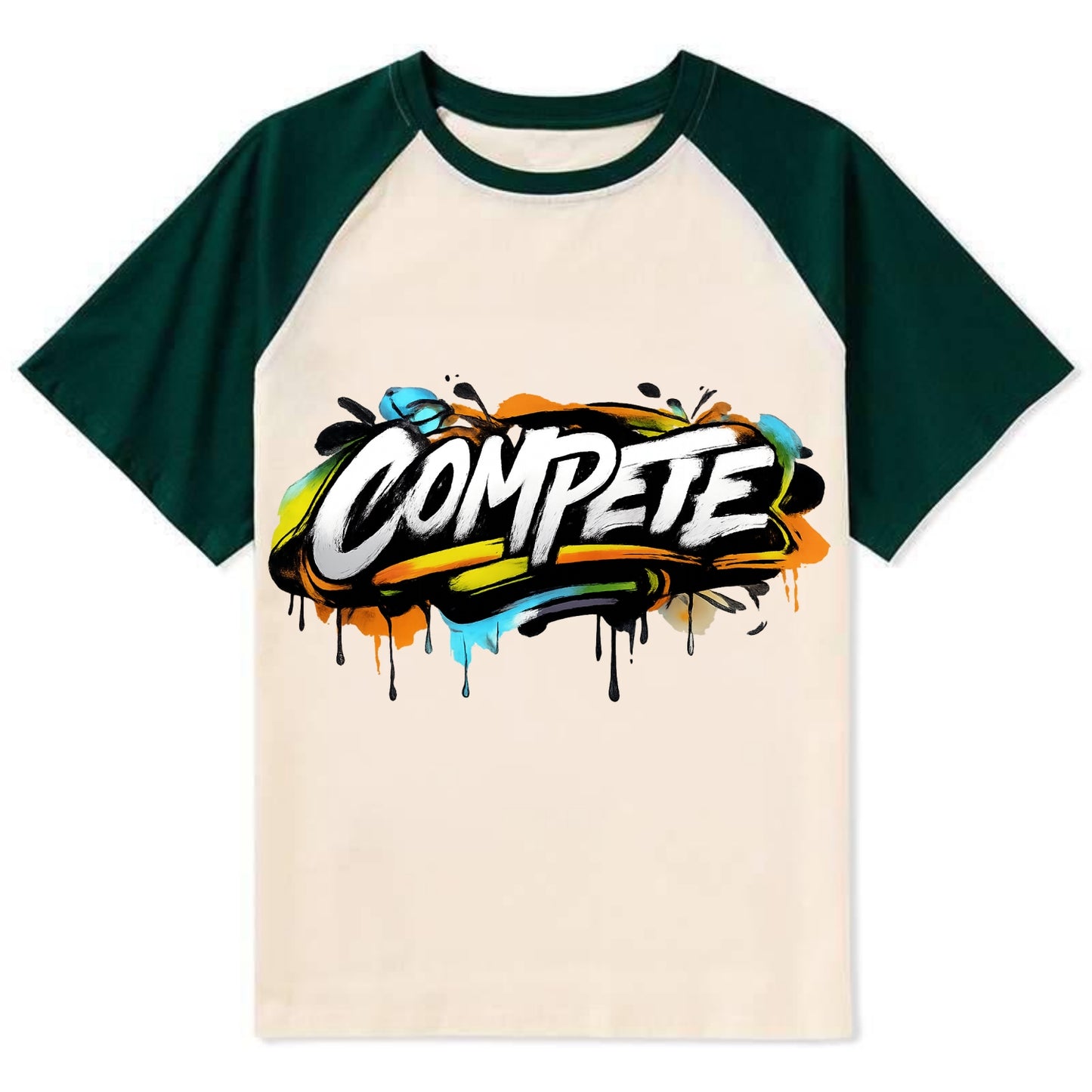 Bold typography design - "COMPETE" - competitive spirit, love the game - Contrast Raglan T-shirt - Green