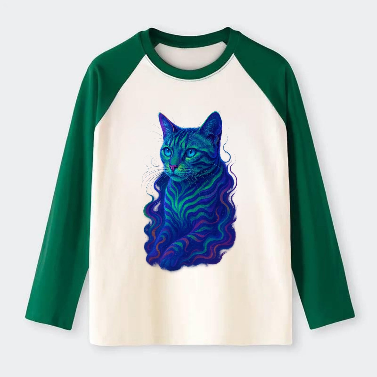 Exotic Bengal cat with aurora borealis colors flowing through its - Raglan Long Sleeve T-Shirt - Green