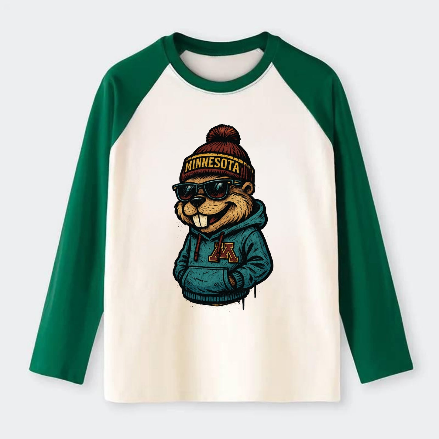 Minneapolis Gopher wearing Minnesota beanie with M patch - Raglan Long Sleeve T-Shirt - Green