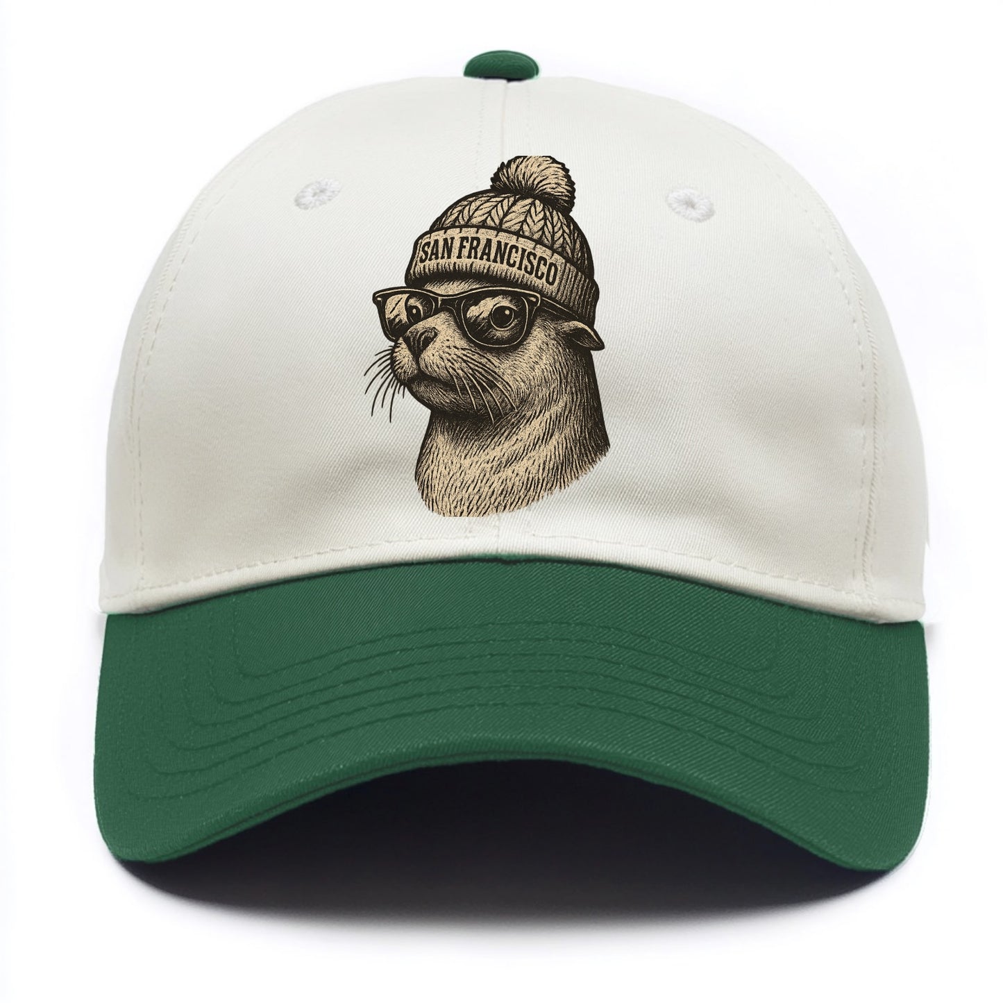 San Francisco Sea Lion wearing San Francisco beanie with pom pom and wayfarer - Two Tone Cap - Green