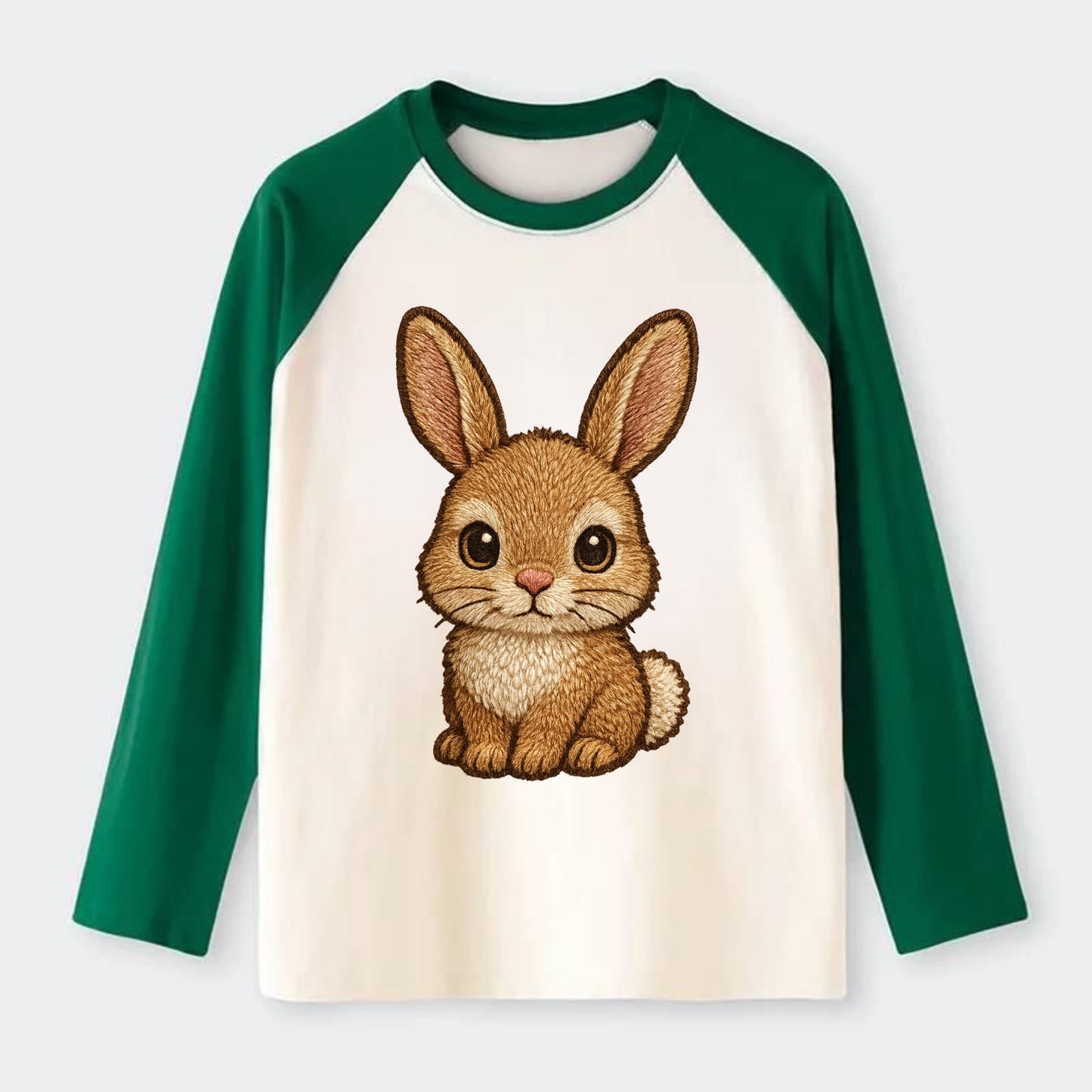 Baby Rabbit - long ears, fluffy white tail, pink nose, large brown - Raglan Long Sleeve T-Shirt - Green