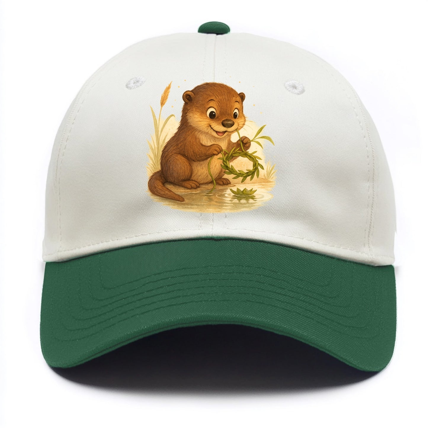 Otter weaving river reeds into a floating crown beside mirror-still water - Two Tone Cap - Green