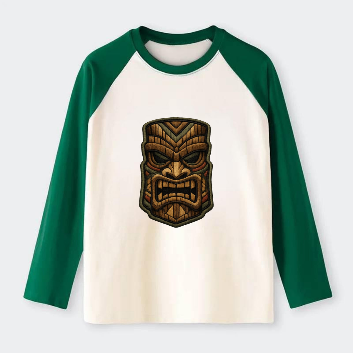 TIKI MASK - carved totem in brown and red , Polynesian - Raglan Long Sleeve T-Shirt - Green