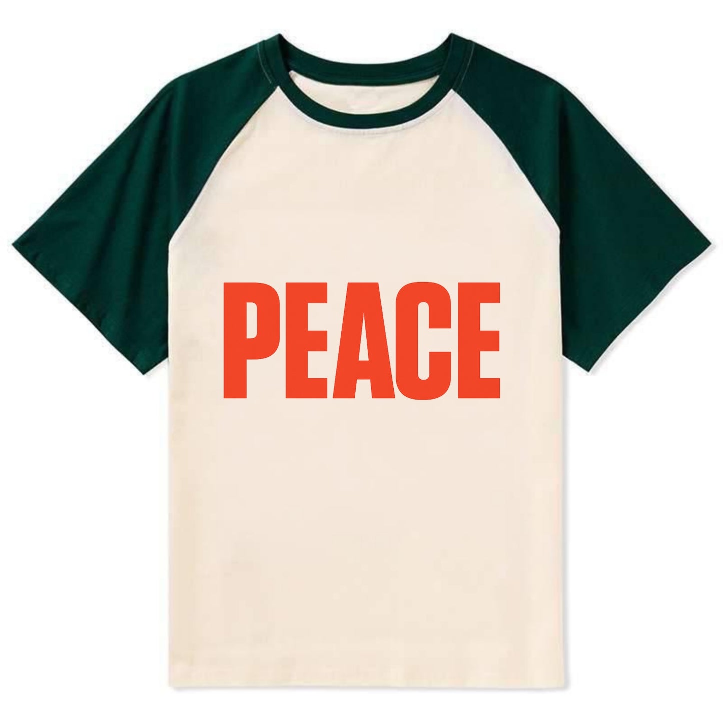 Bold typography design - "PEACE" - inner calm, tranquility, serenity - Contrast Raglan T-shirt - Green