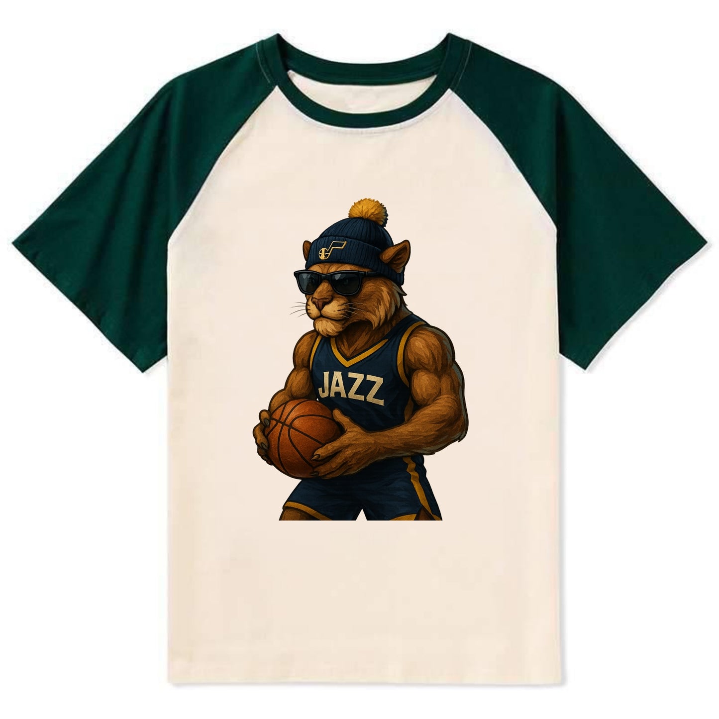 Utah Mountain Lion wearing Jazz navy and yellow beanie with music note - Contrast Raglan T-shirt - Green