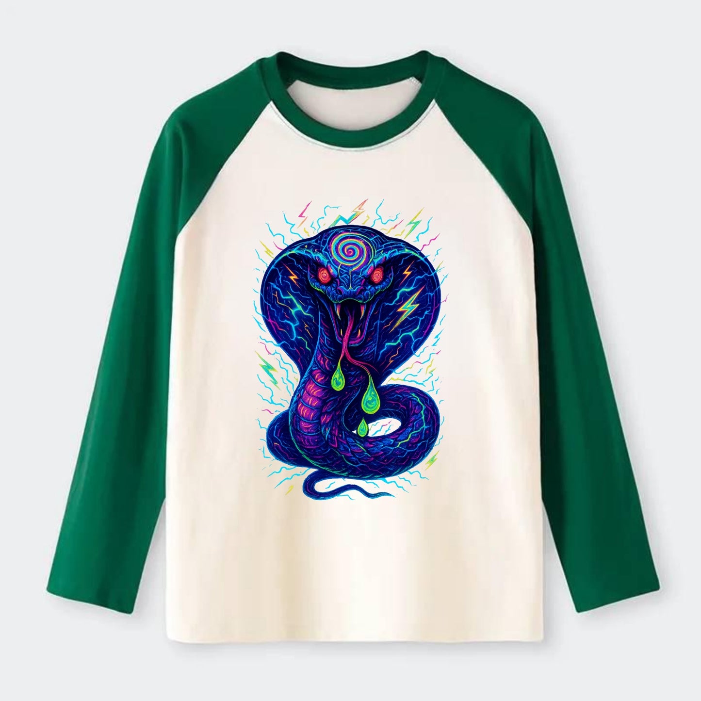 Mesmerizing cobra with hypnotic spiral patterns in the hood, scales - Raglan Long Sleeve T-Shirt - Green