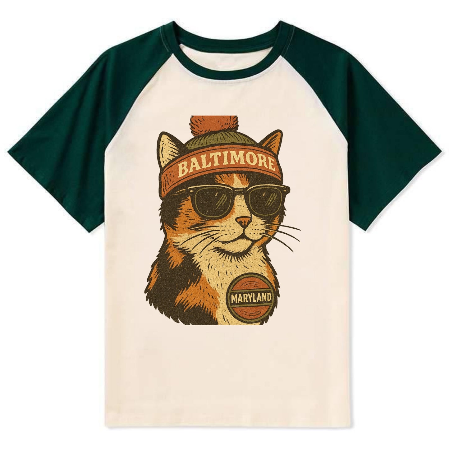 Maryland Calico Cat wearing Baltimore beanie with pom pom and wayfarer - Contrast Raglan T-shirt - Green