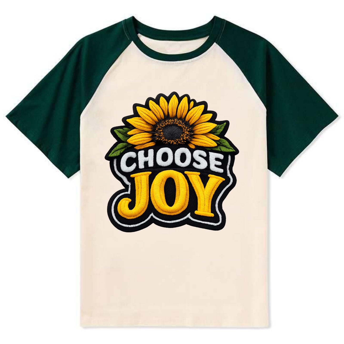 CHOOSE JOY - sunflower with text in yellow , happiness choice - Contrast Raglan T-shirt - Green