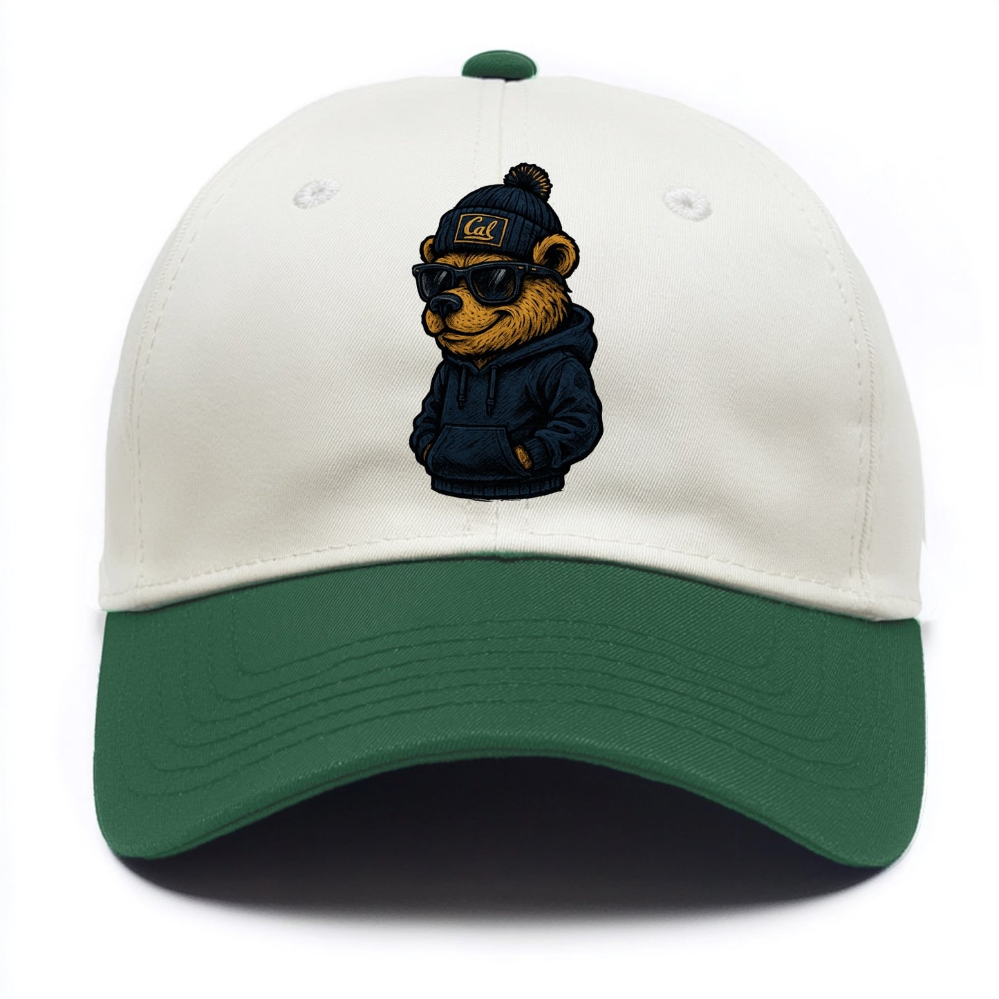 Berkeley Bear wearing Cal beanie with script patch - Two Tone Cap - Green