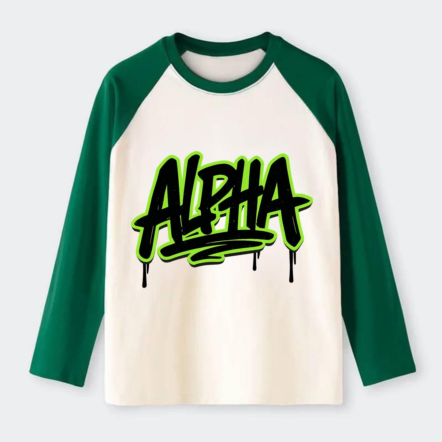 Bold typography design - "ALPHA" - leader of the pack - Raglan Long Sleeve T-Shirt - Green