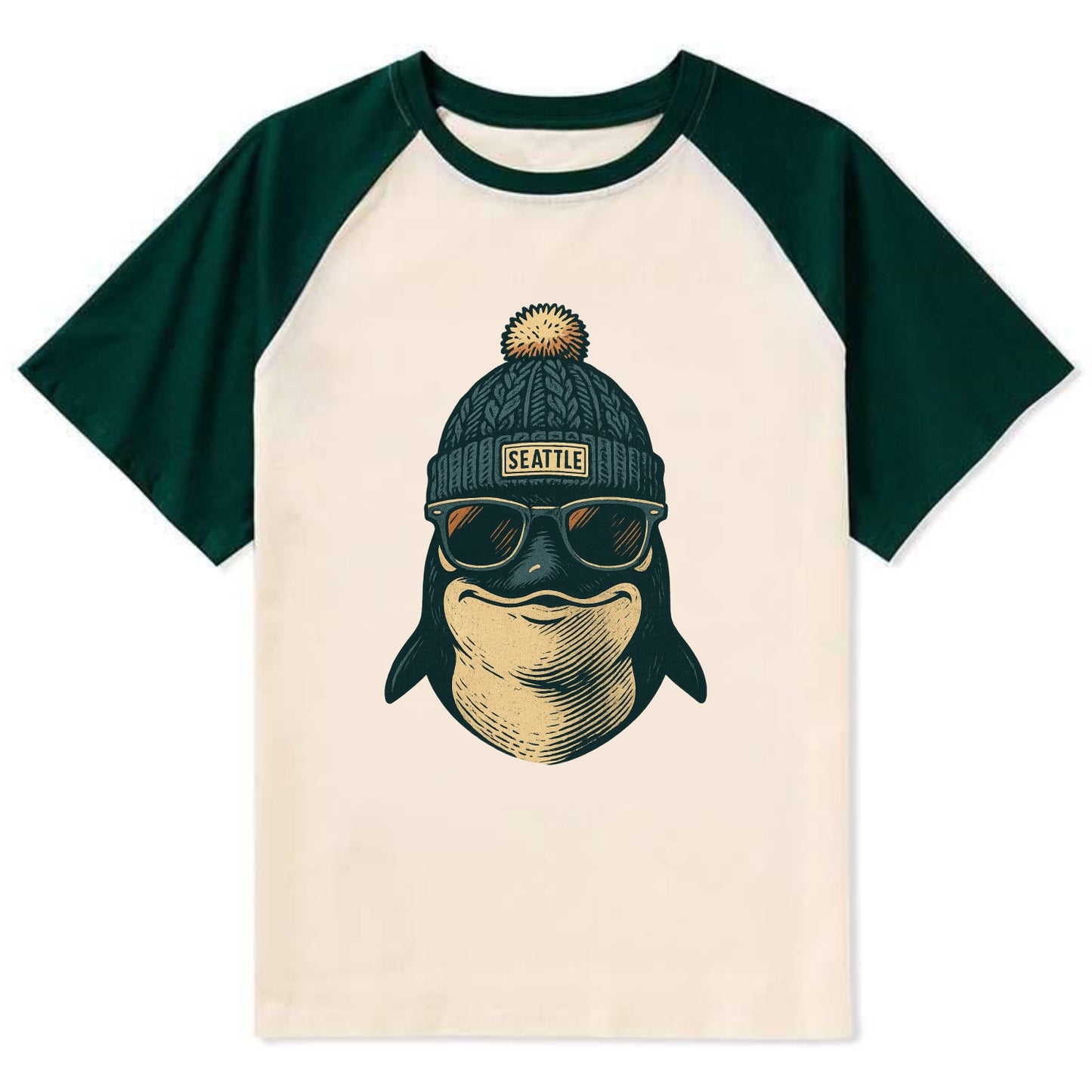 Washington Orca wearing Seattle beanie with pom pom and wayfarer - Contrast Raglan T-shirt - Green