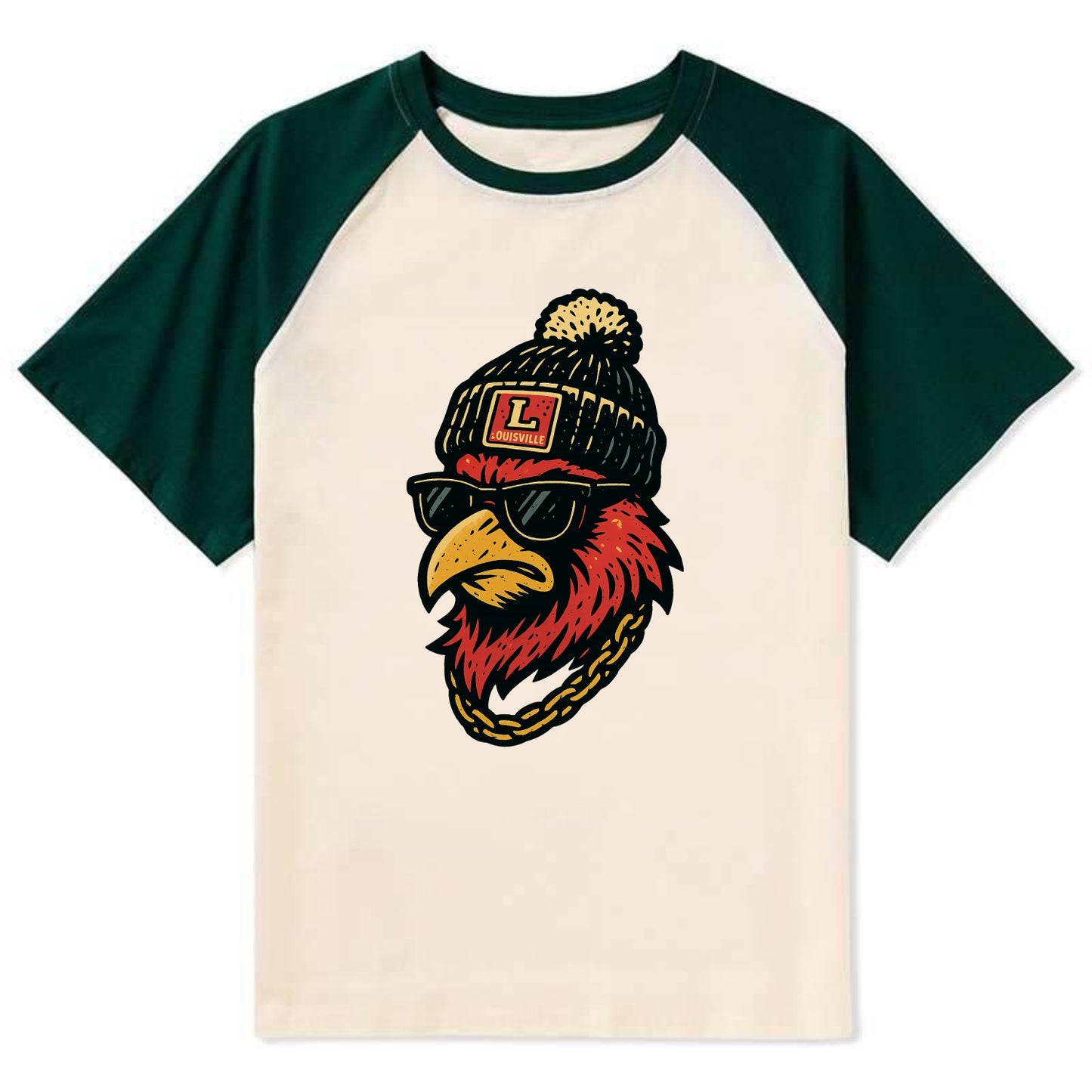 Louisville Cardinal wearing Louisville beanie with L patch - Contrast Raglan T-shirt - Green