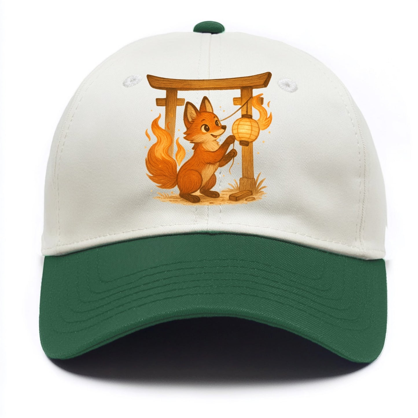 Foxfire kitsune stringing lanterns along a torii gate with tails of living flame - Two Tone Cap - Green