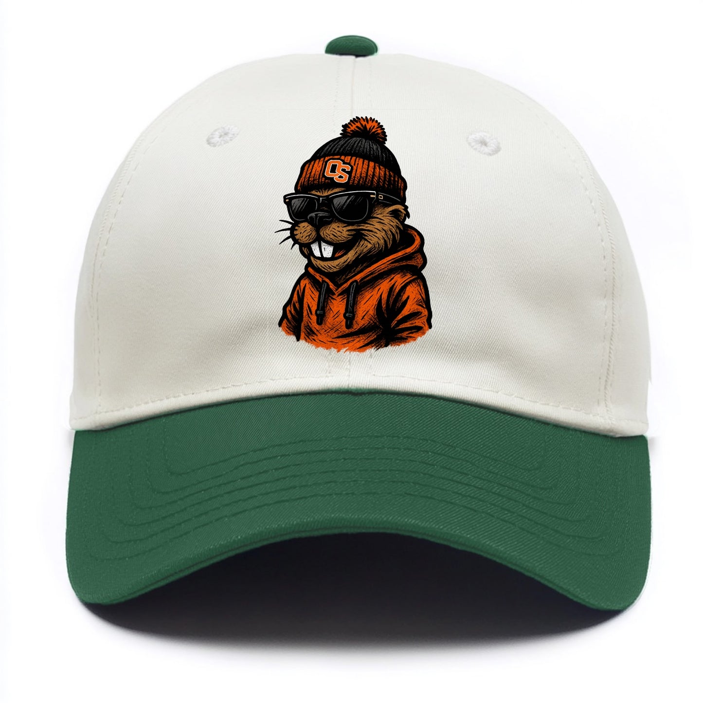 Corvallis Beaver wearing Oregon State beanie with OS patch - Two Tone Cap - Green