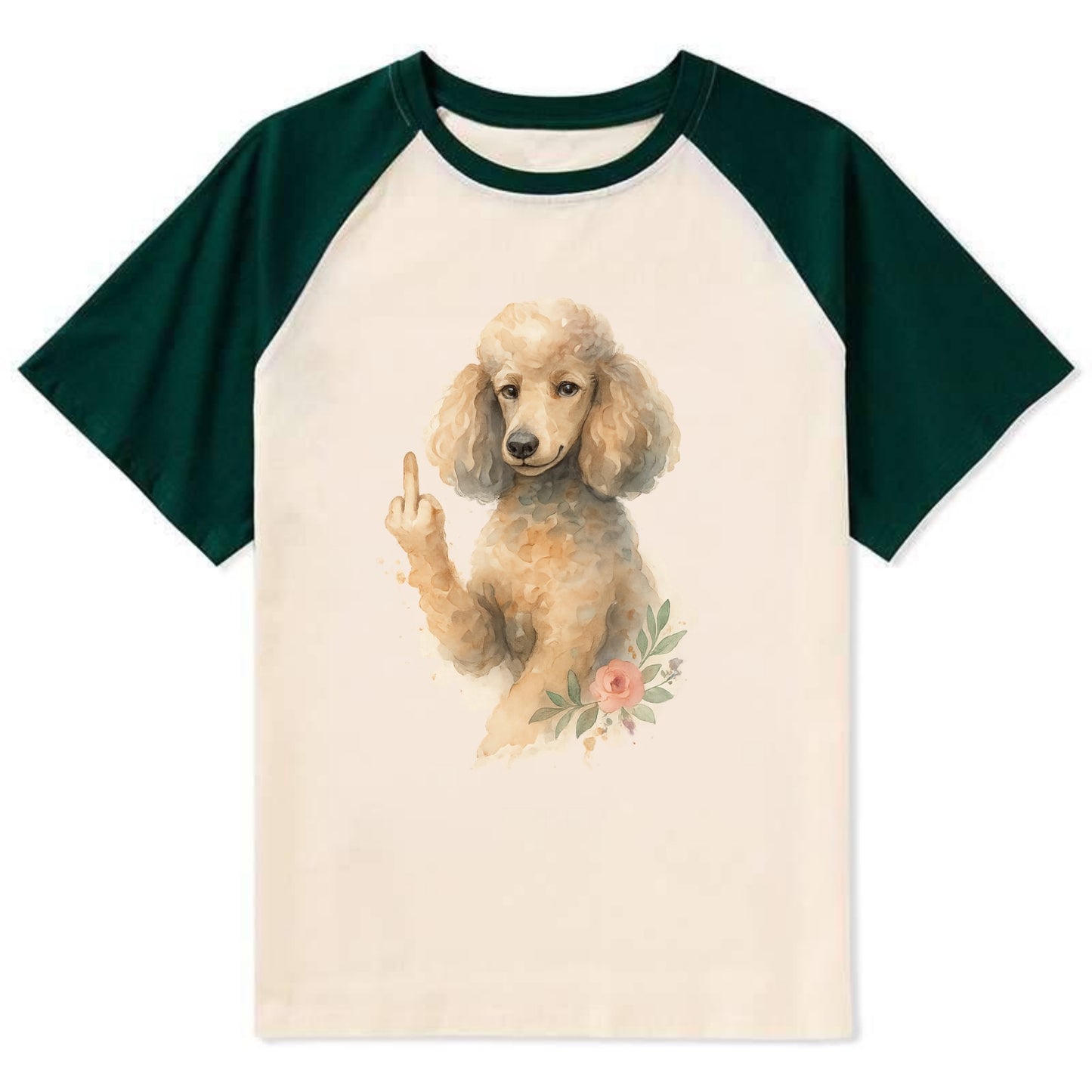 Standard Poodle with curly styled coat, intelligent face, fancy paw - Contrast Raglan T-shirt - Green