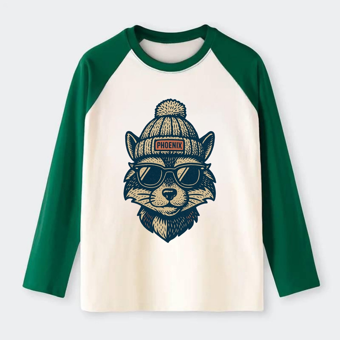 Arizona Ringtail wearing Phoenix beanie with pom pom and wayfarer - Raglan Long Sleeve T-Shirt - Green