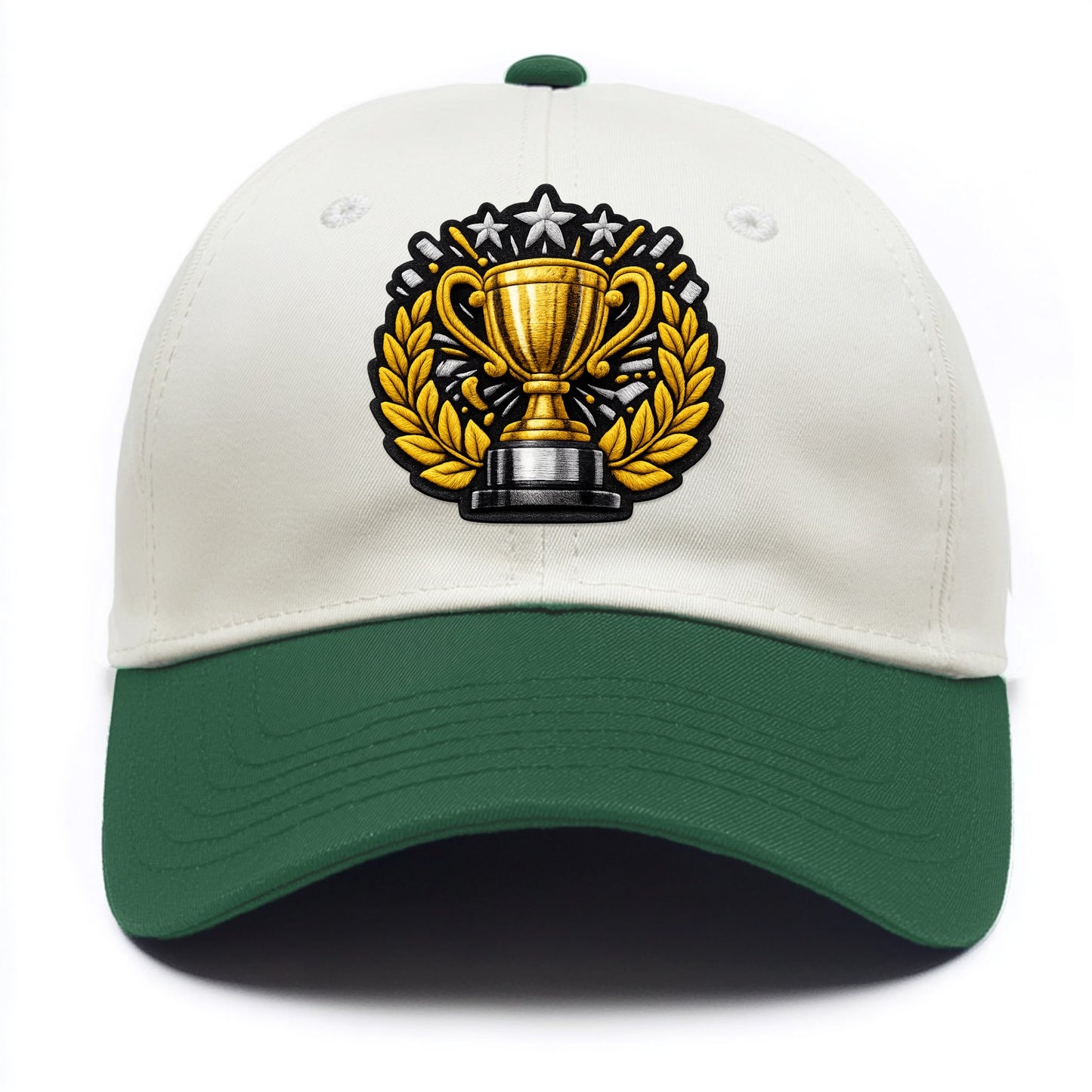 Embroidered patch design - CHAMPIONSHIP TROPHY - golden trophy cup with laurels in - Two Tone Cap - Green