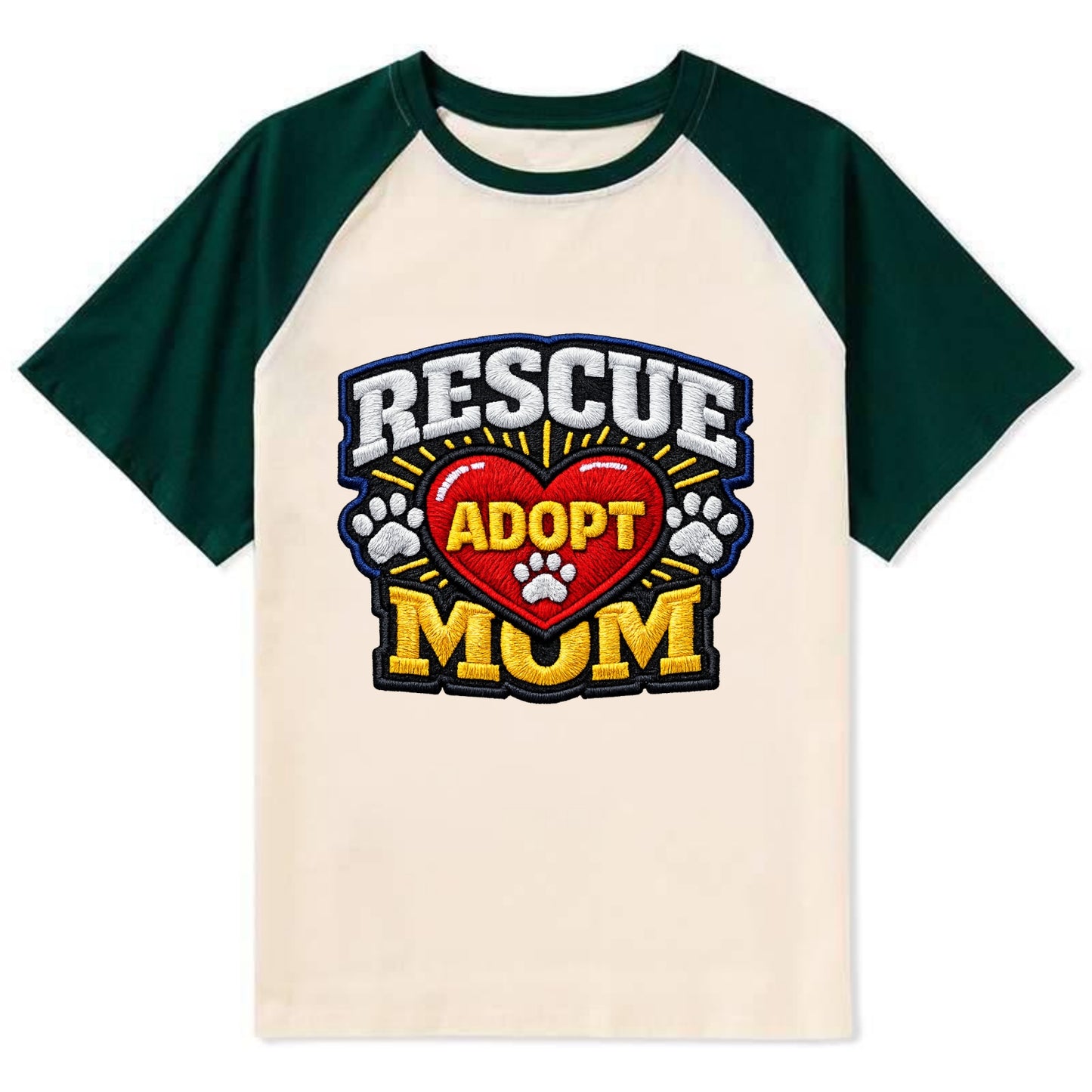 RESCUE MOM - heart with ADOPT text in red , shelter advocate - Contrast Raglan T-shirt - Green