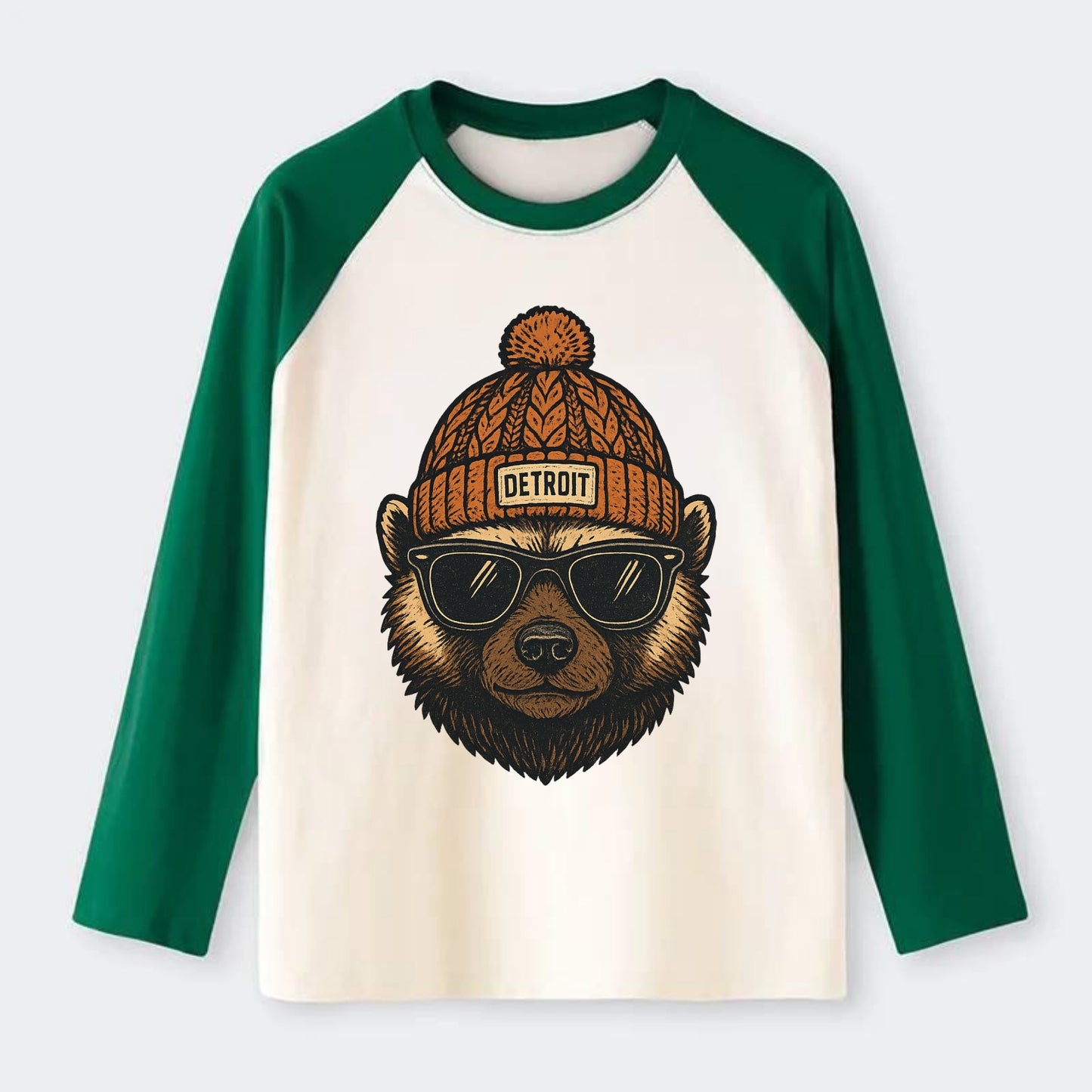 Detroit Wolverine wearing Detroit beanie with pom pom and wayfarer - Raglan Long Sleeve T-Shirt - Green
