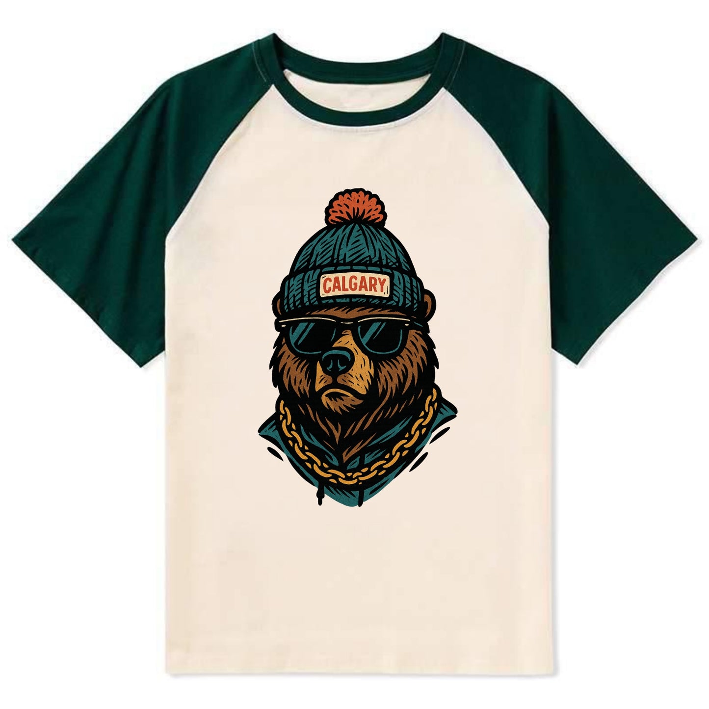Calgary Grizzly Bear wearing Calgary beanie with pom pom and wayfarer - Contrast Raglan T-shirt - Green