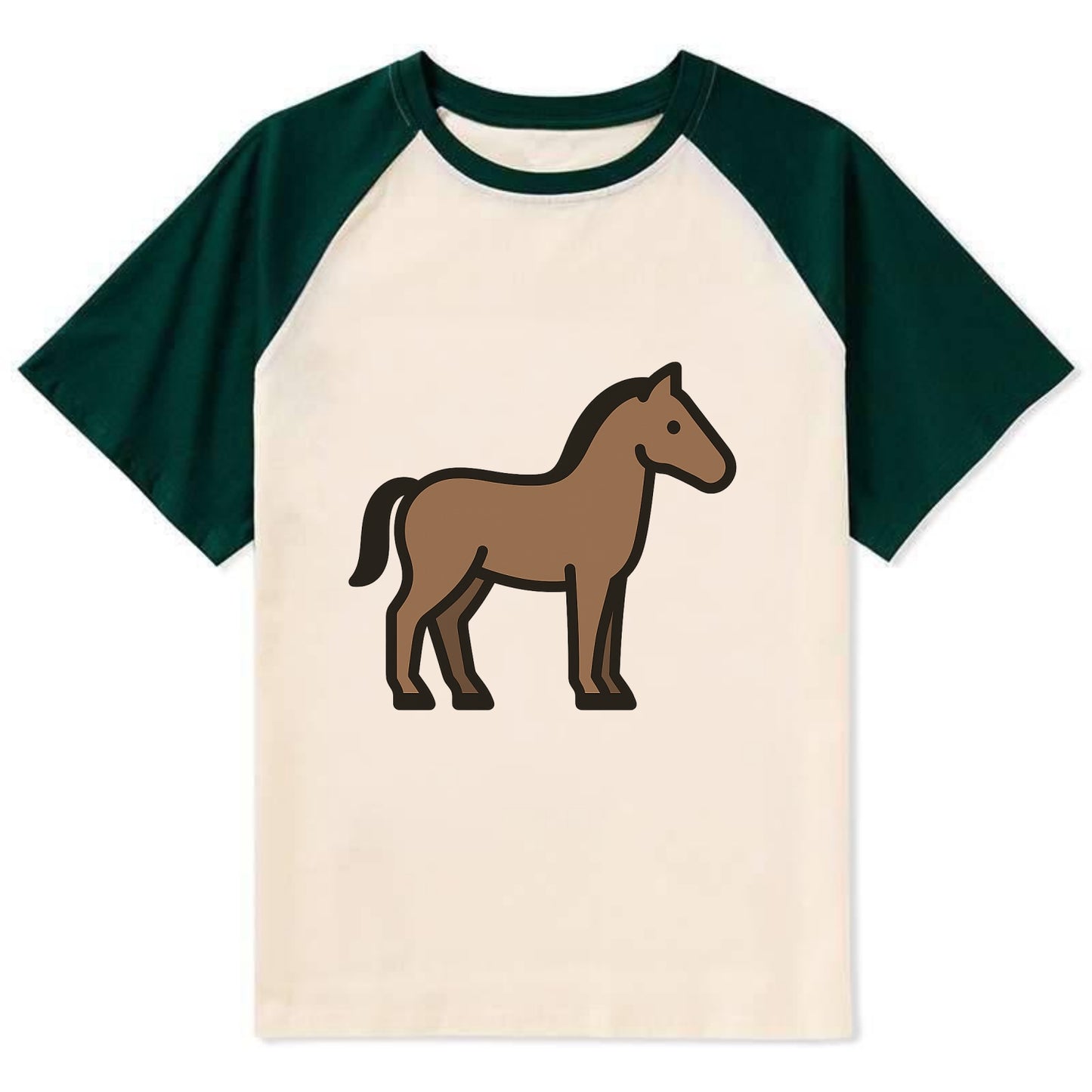Horse - Brown standing pose flat side profile - Contrast Raglan T-shirt - Green