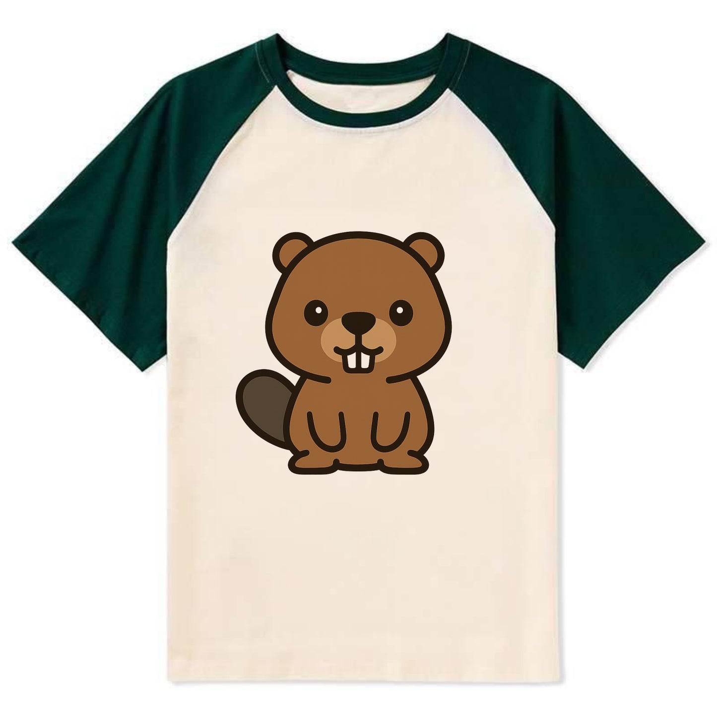 Baby Beaver - brown fur, paddle tail, buck teeth, friendly eyes, - Contrast Raglan T-shirt - Green