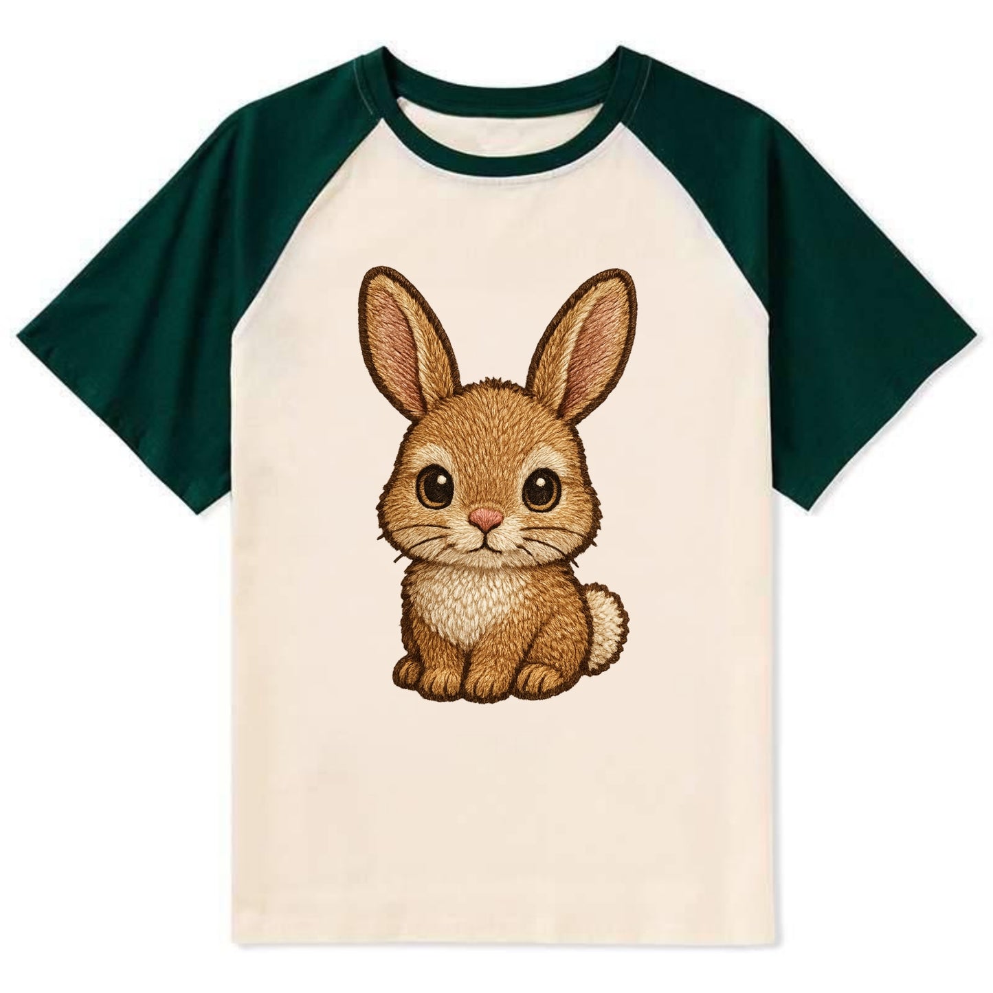 Baby Rabbit - long ears, fluffy white tail, pink nose, large brown eyes, - Contrast Raglan T-shirt - Green