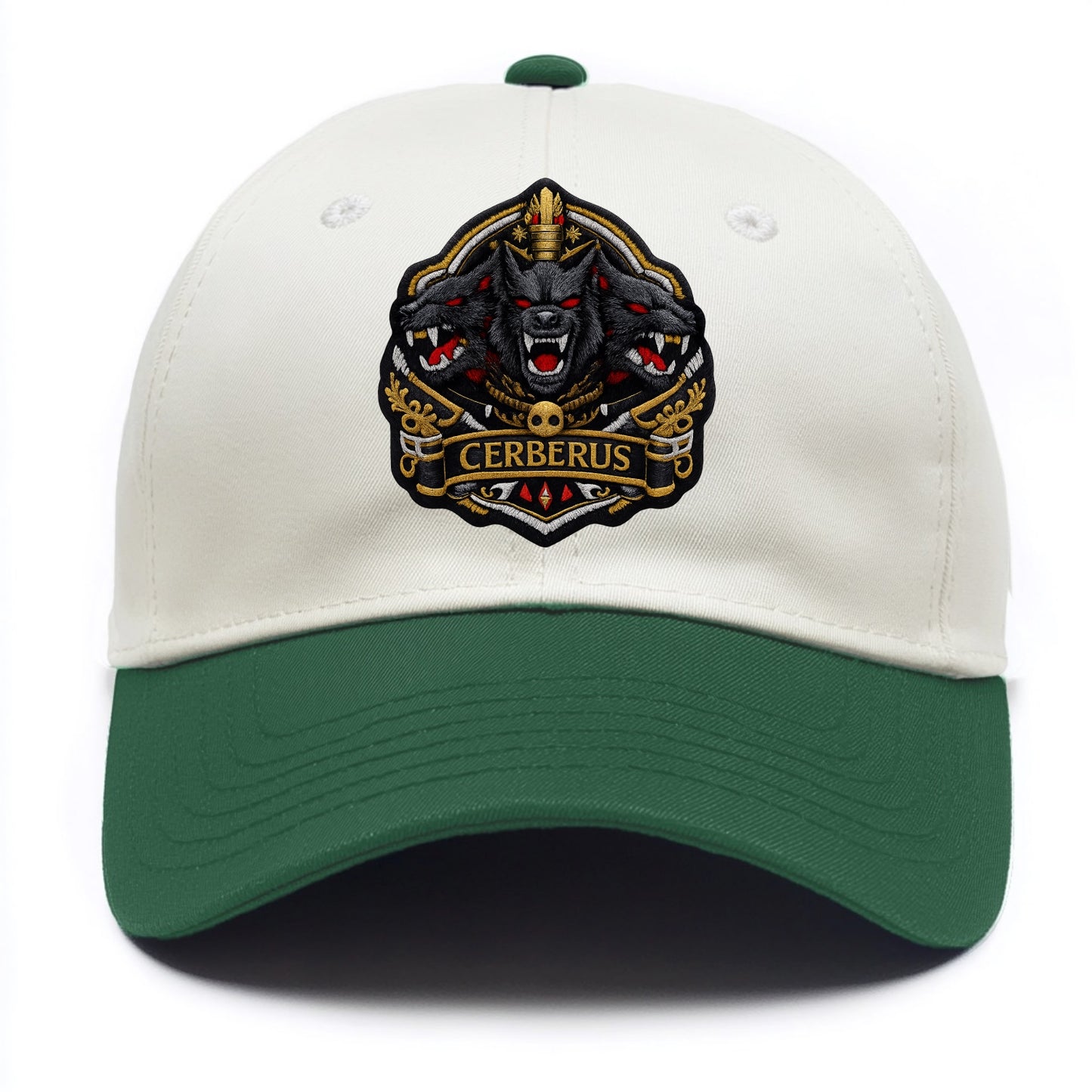 CERBERUS THREE HEADS - triple hound in black and red , underworld - Two Tone Cap - Green