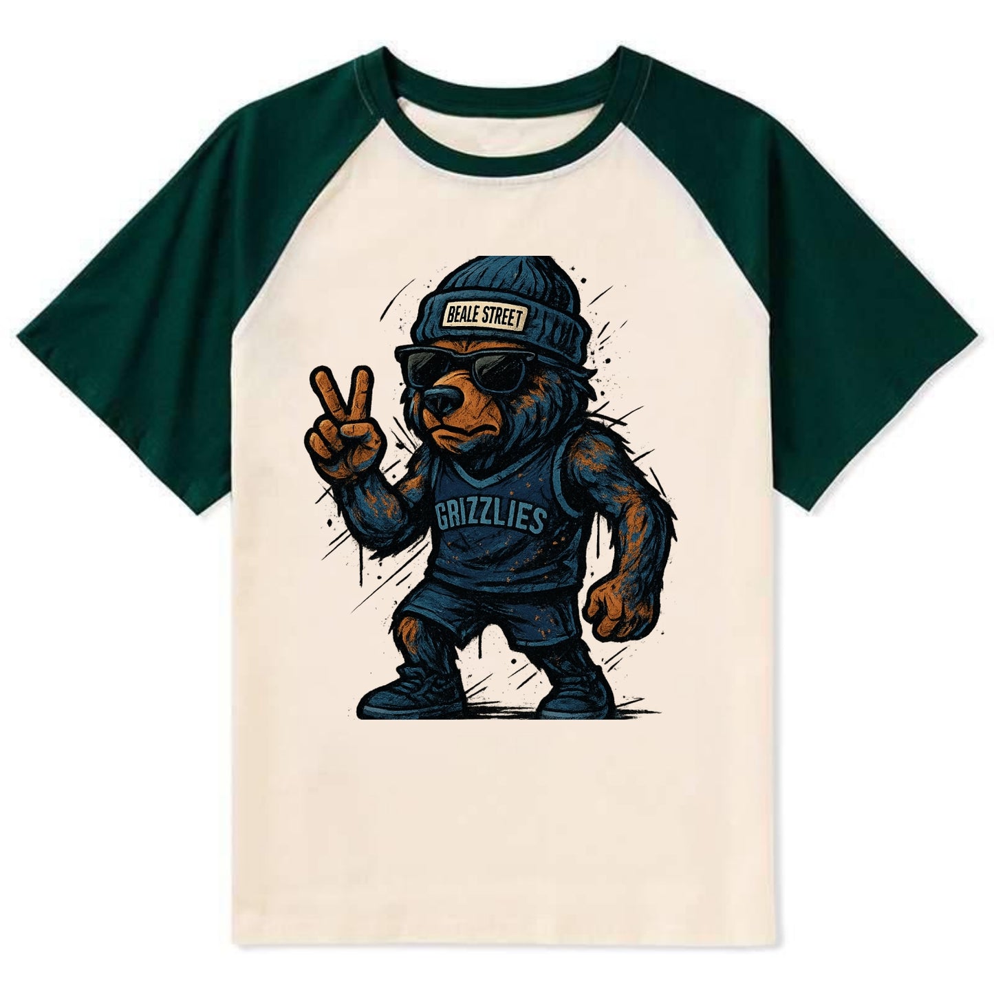 Memphis Grizzly Bear wearing Grizzlies navy and light blue beanie with - Contrast Raglan T-shirt - Green