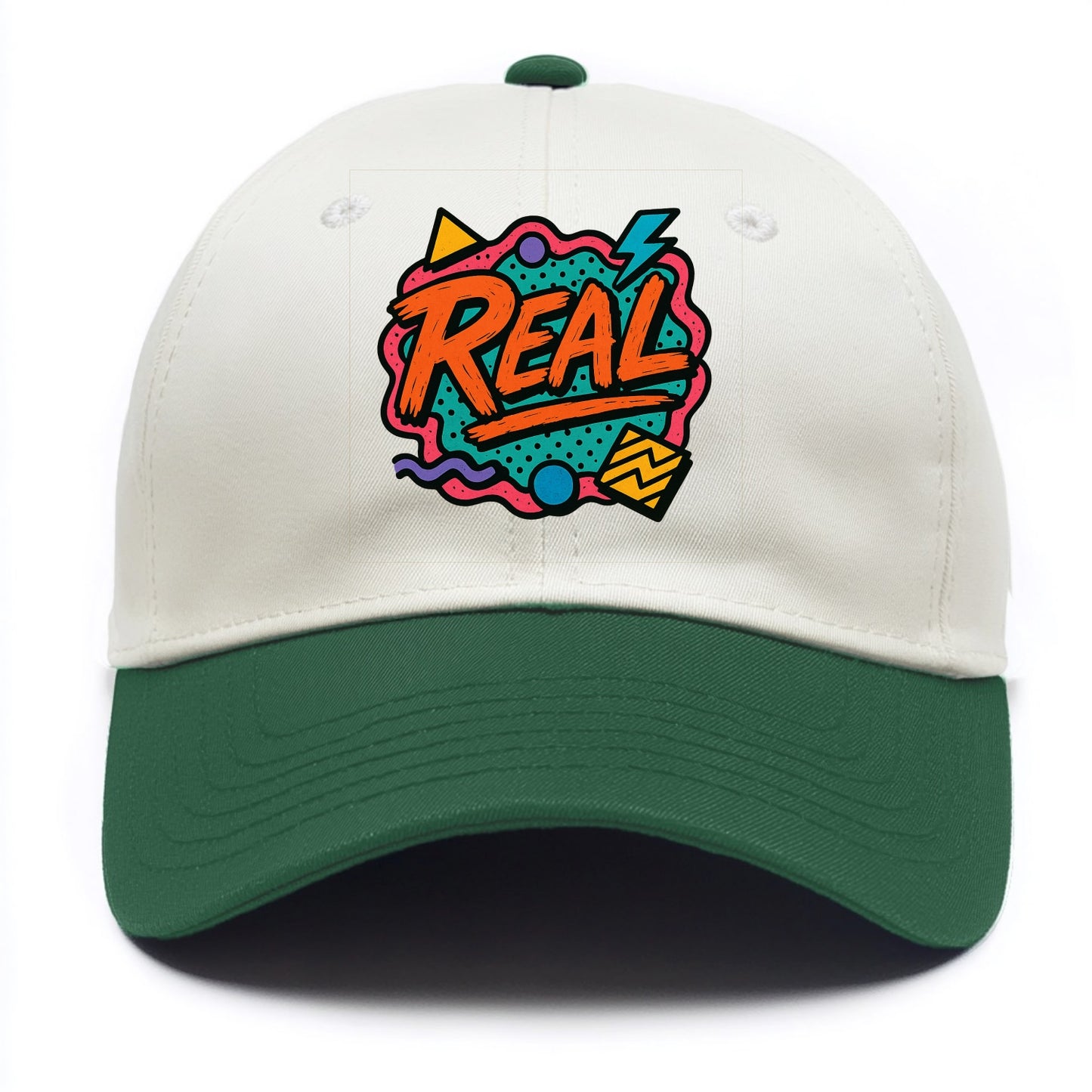 Imperfect brush strokes spelling "Real" - authenticity over perfection, raw and - Two Tone Cap - Green