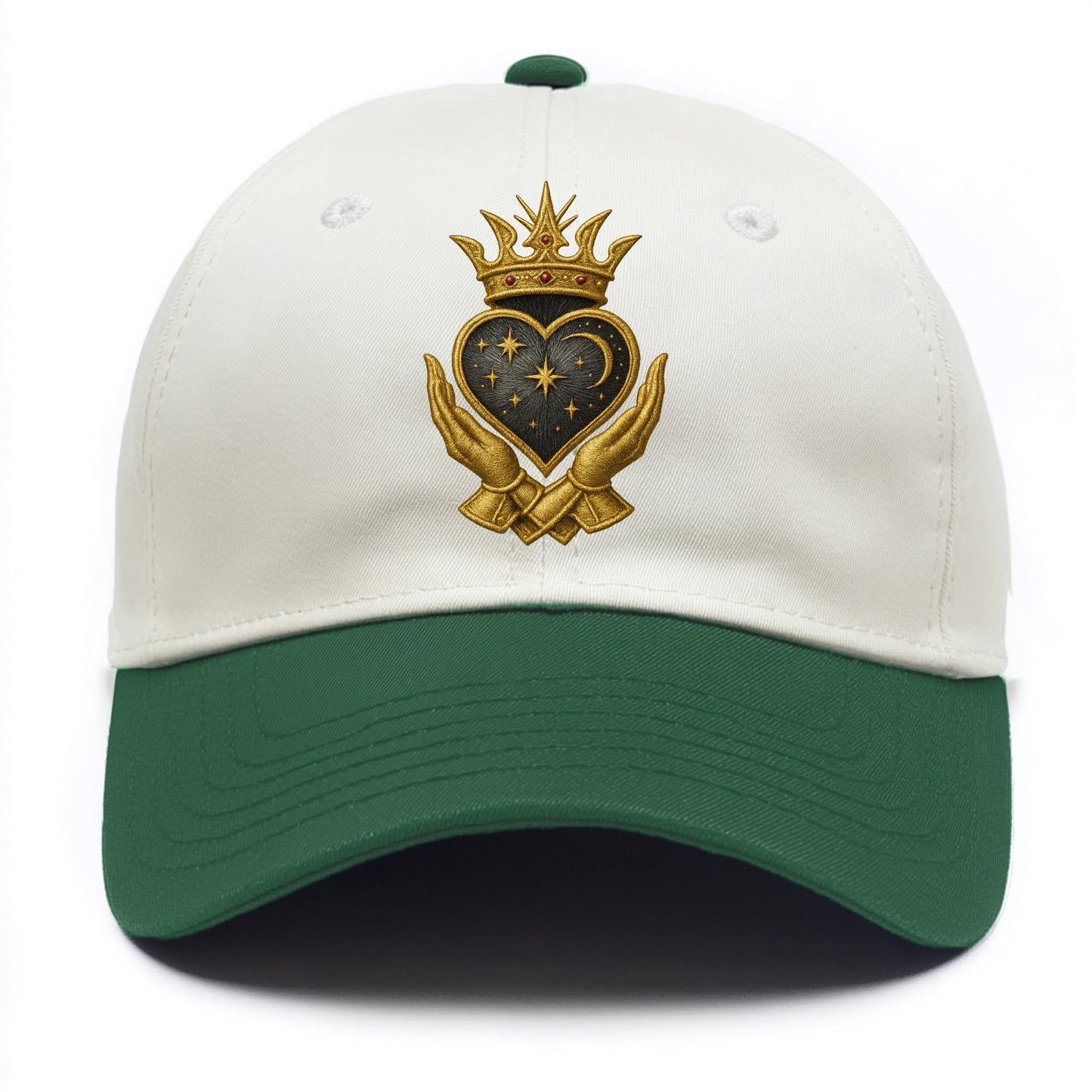 Hammered bronze warrior crown anchoring a dark steel heart with shield-bearing hands. - Two Tone Cap - Green