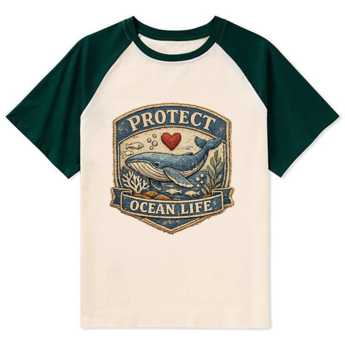 PROTECT OCEAN LIFE - whale with heart in blue , marine conservation - Contrast Raglan T-shirt - Green