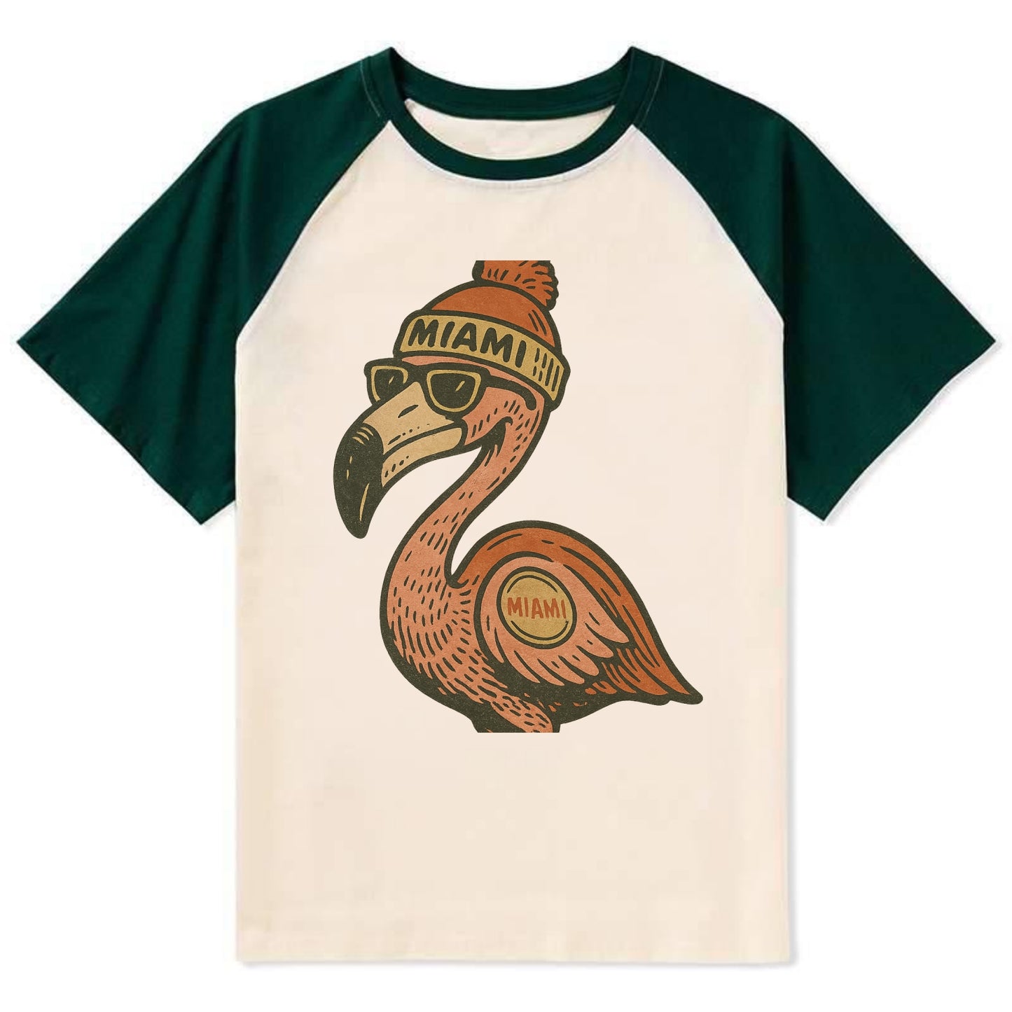 Miami Flamingo wearing Miami beanie with pom pom and wayfarer sunglasses - Contrast Raglan T-shirt - Green