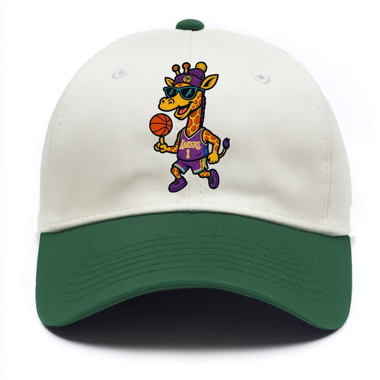California Giraffe wearing Lakers beanie with palm tree patch and wayfarer sunglasses - Two Tone Cap - Green