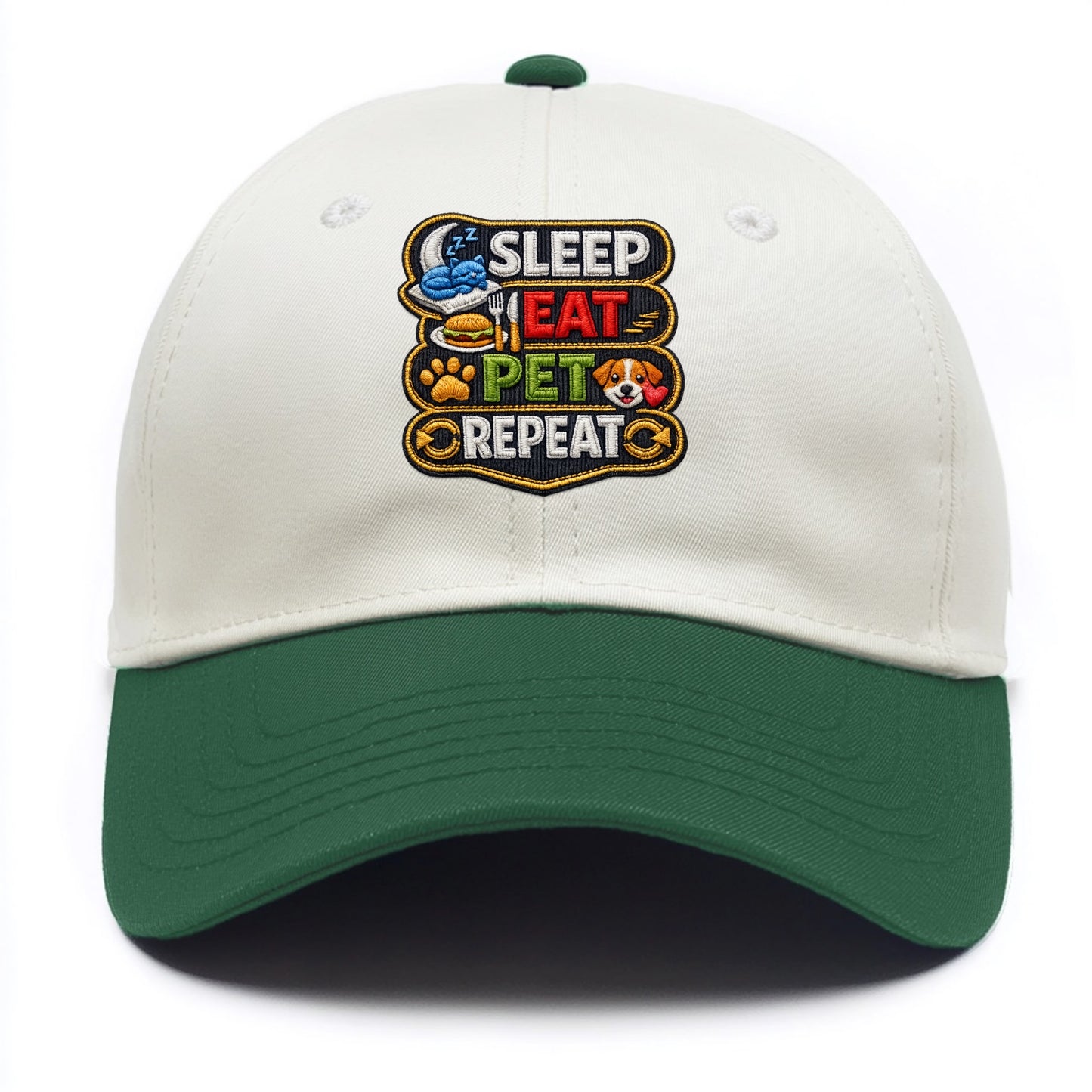 SLEEP EAT PET REPEAT - daily routine icons in multicolor , pet life - Two Tone Cap - Green